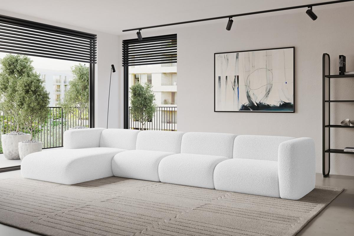 ECKSOFA Ottomane Links MIRA-L3 409x179x70 Weiß Bouclé - Schwarz/Weiß, Holzwerkstoff/Kunststoff (409/179cm) - ALTDECOR