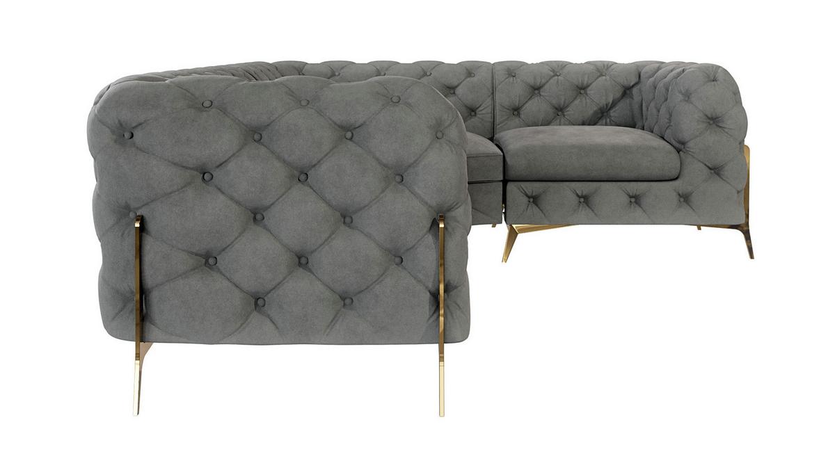 ECKSOFA Chesterfield Lexi Grau Samt, Ottomane rechts - Goldfarben/Grau, Holz/Textil (264/204cm) - S-Style Möbel