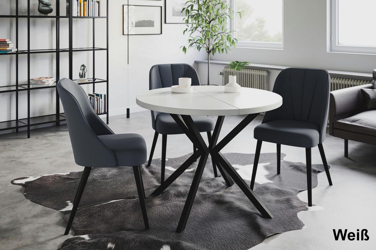 RUNDER Esszimmertisch LOFT LITEN, ausziehbarer Tisch Durchmesser: 90 cm/170 cm, Wohnzimmertisch Farbe: Weiß, mit Metallbeinen in Farbe Schwarz - Schwarz/Weiß, Holzwerkstoff (90/90/76cm) - Alpi-Möbel