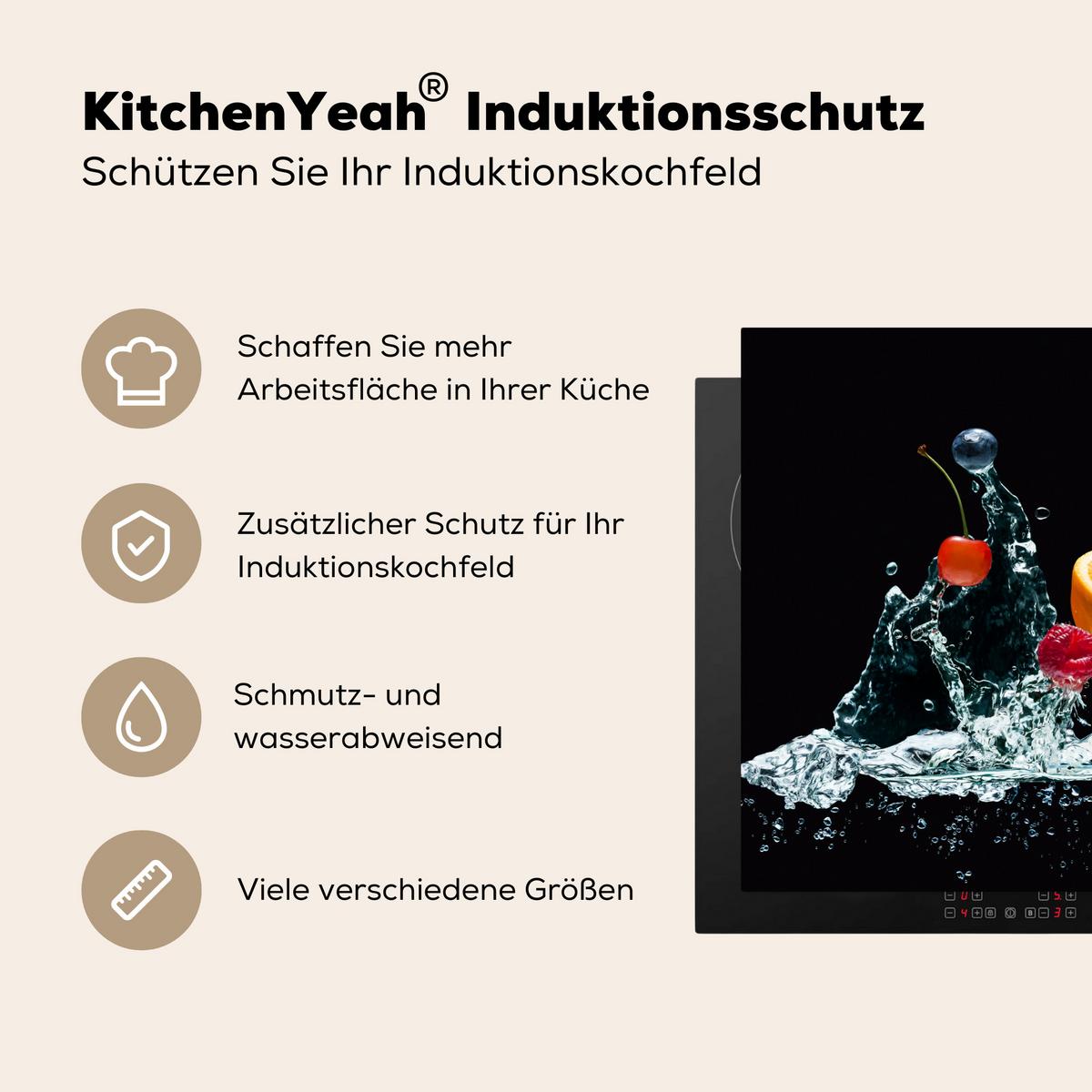 HERDABDECKPLATTE Wasser - Obst - Orange - Erdbeere - Kirsche - Schwarz Herdabdeckung Induktionsfeld 65x52 cm - Orange, Kunststoff (65/52/0.2cm) - MuchoWow