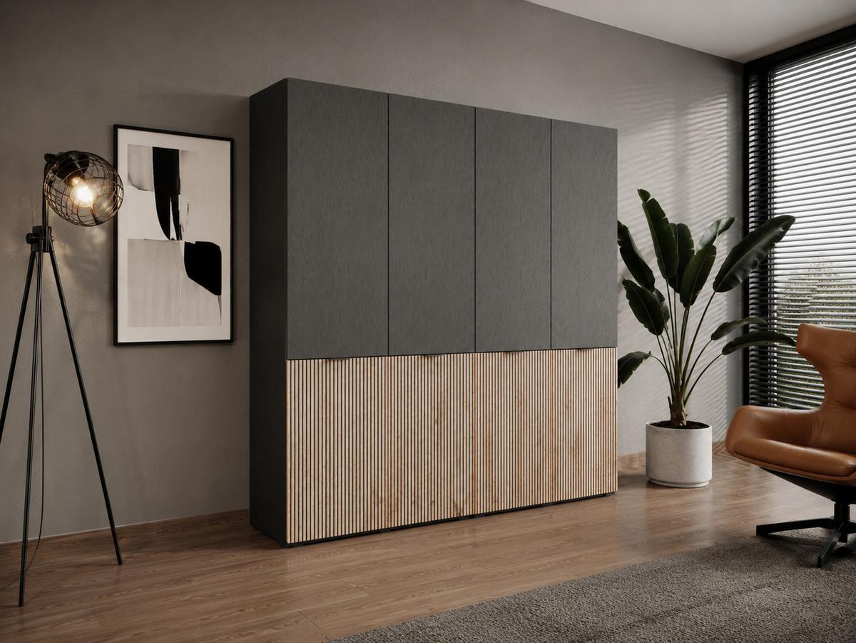 DREHTÜRENSCHRANK ATELIO 202/200/51 cm Modern Kleiderschrank 4-türig Schwarz - Schwarz, Holzwerkstoff (202/200/51cm) - MASSENO
