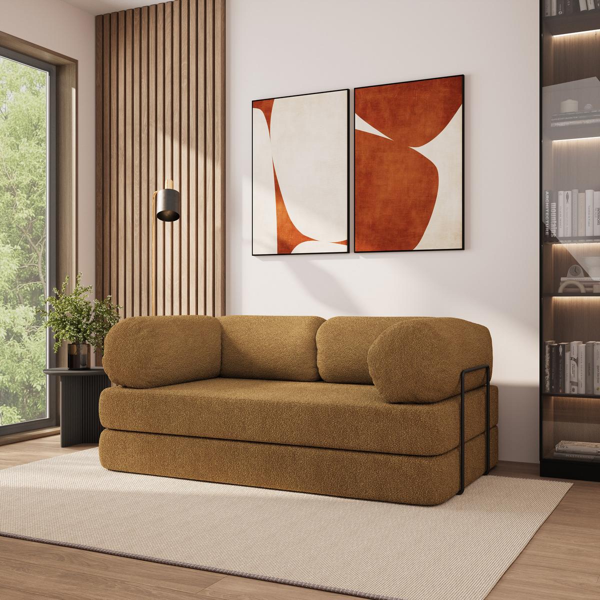 BETTSOFA EIREN aus Schaumstoff Bucle-Stoff Orange Schlaffunktion - Gelb, Textil (170/68/80cm) - MASSENO