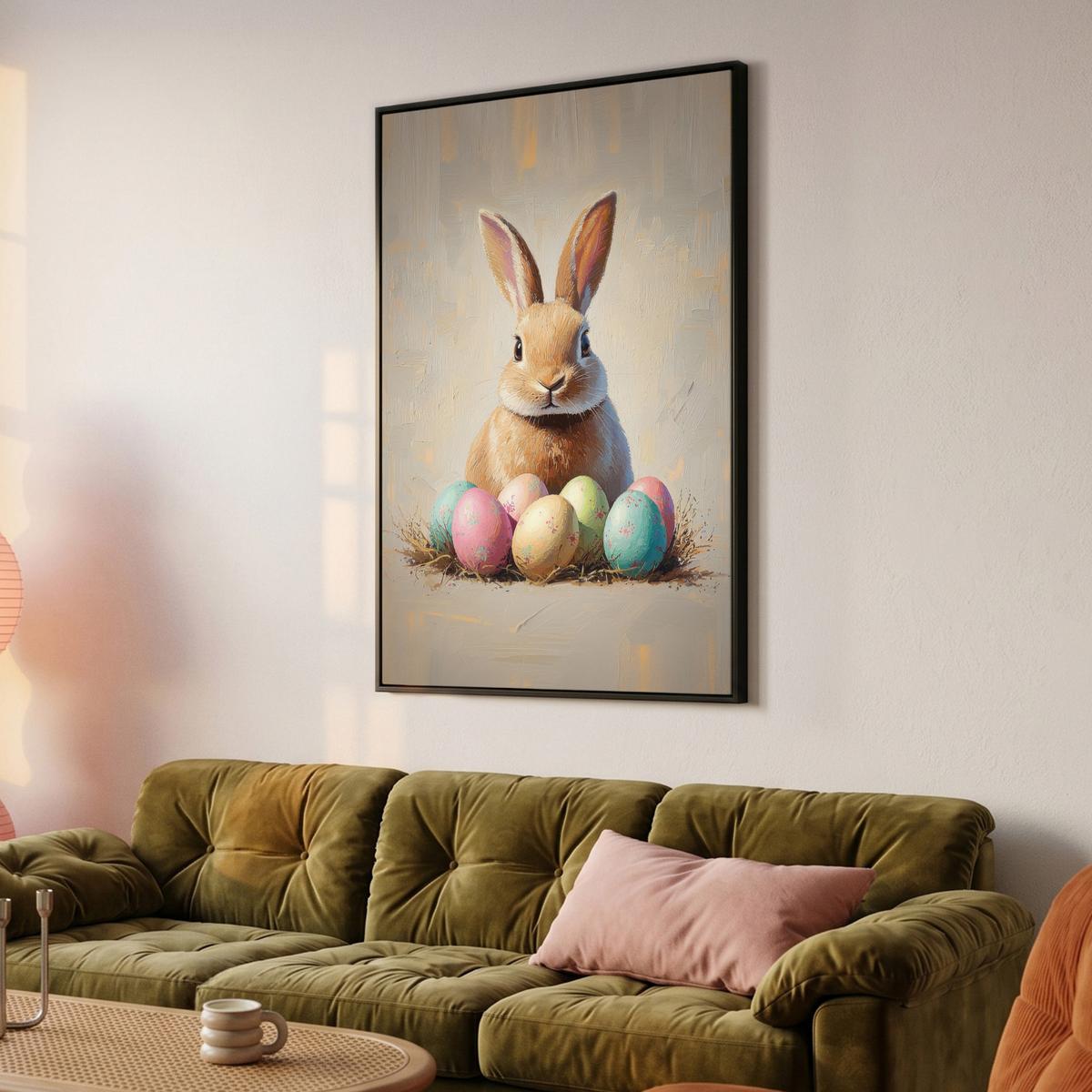 LEINWAND Bilder mit Rahmen - Osterhase - Pastell - Eier - 100x150 - Beige, Textil (100/150cm) - MuchoWow