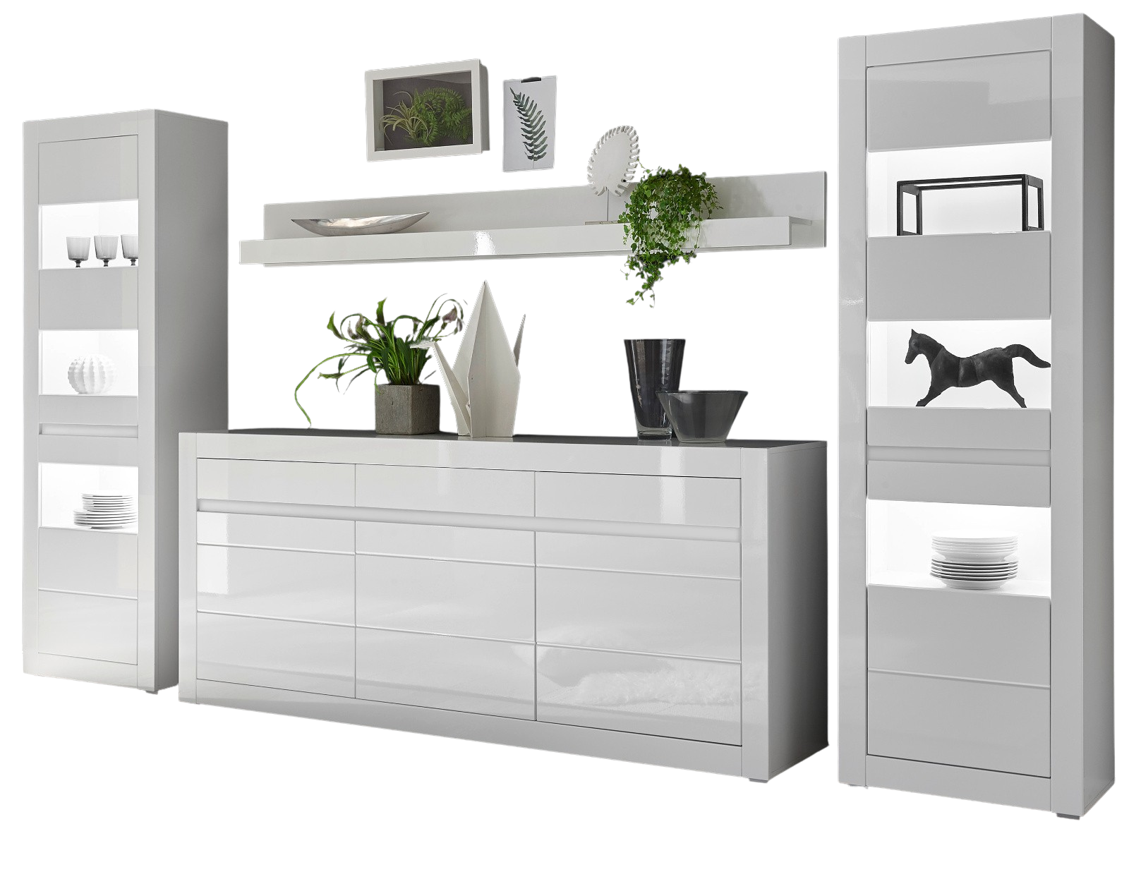 WOHNWAND weiß Hochglanz, Stone Design grau 4-teilig, Anbauwand mit Soft-Close - Weiß Hochglanz/Weiß, Glas/Holzwerkstoff (369/198/42cm) - Furn.Design