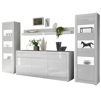 WOHNWAND weiß Hochglanz, Stone Design grau 4-teilig, Anbauwand mit Soft-Close - Weiß Hochglanz/Weiß, Glas/Holzwerkstoff (369/198/42cm) - Furn.Design