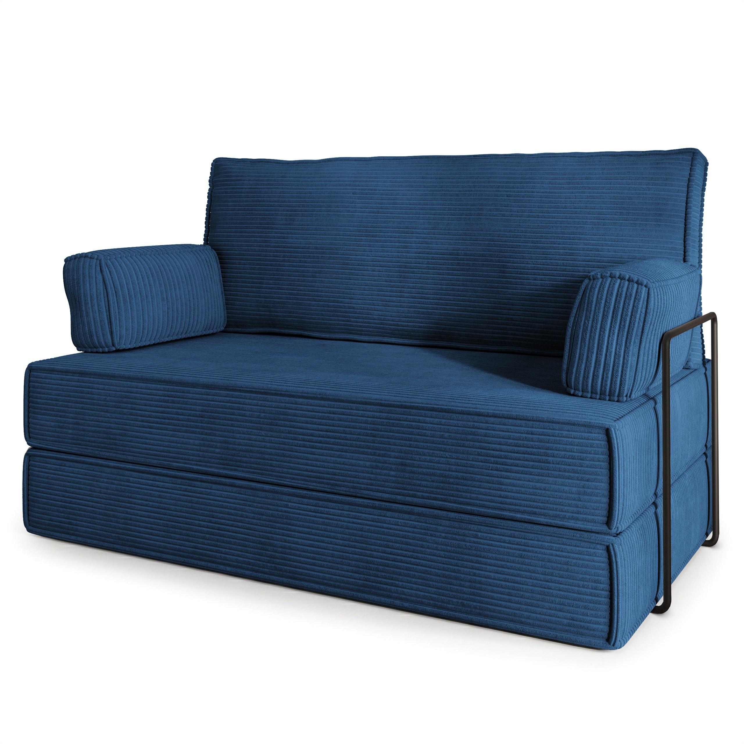 BETTSOFA LADIA aus Schaumstoff Kordstoff Blau Schlaffunktion - Blau, Textil (140/86/60cm) - MASSENO