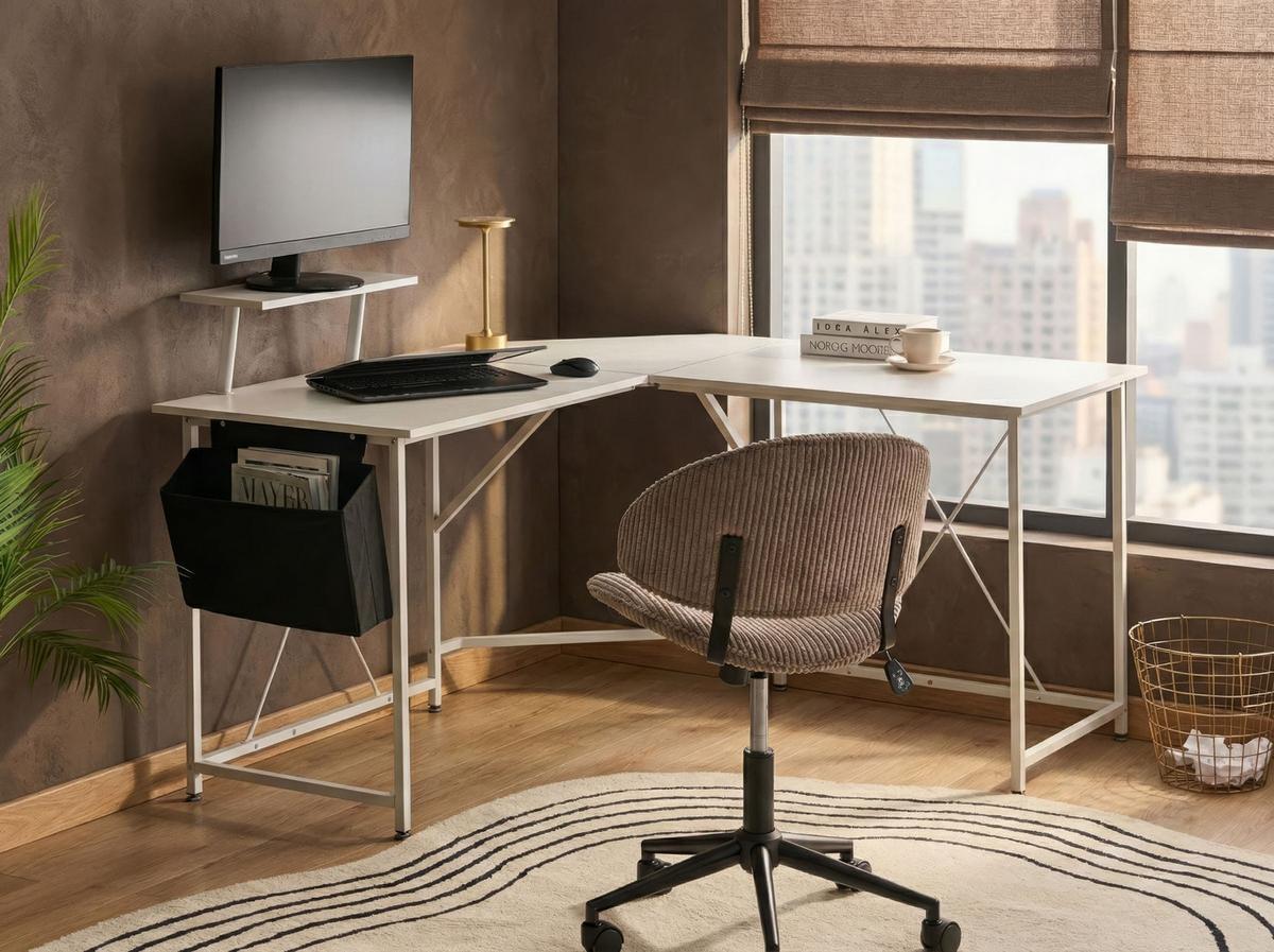 ECKSCHREIBTISCH Weiß 180/140 cm mit Stauraum Tacony - Weiß, Holzwerkstoff (140/180/94cm) - Beliani