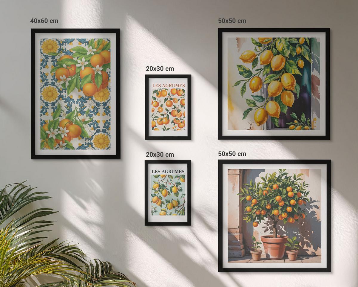 BILDER SET 5er Set - 50x50 cm & 20x30 cm & 40x60 cm Schwarzer Rahmen - Retro gelbe Zitrusfrüchte - Schwarz, Kunststoff (40/60cm) - TULUP