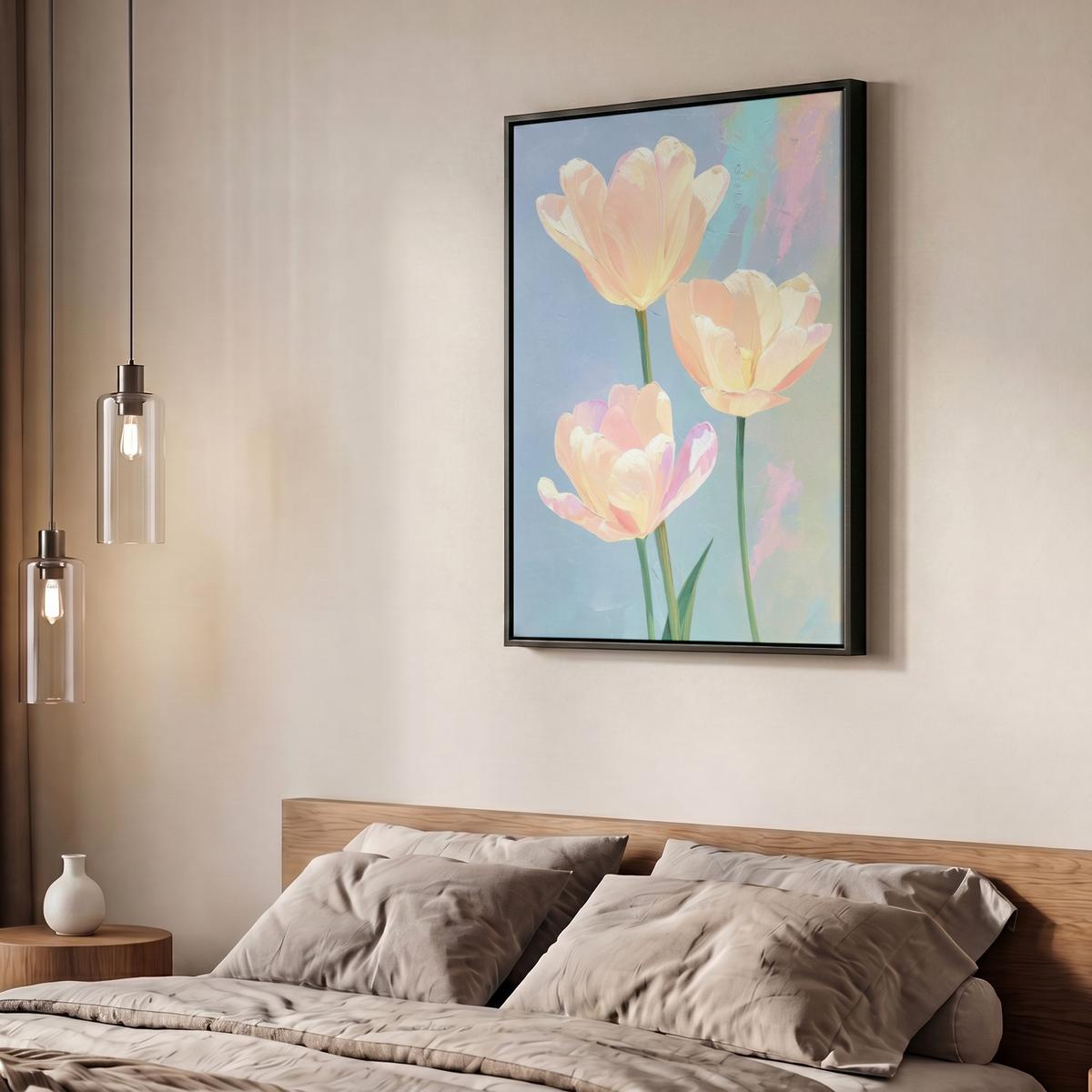 LEINWAND Bilder mit Rahmen - Tulpen - Rosa Akzente - Blau - 60x80 - Pastellblau, Textil (60/80cm) - MuchoWow