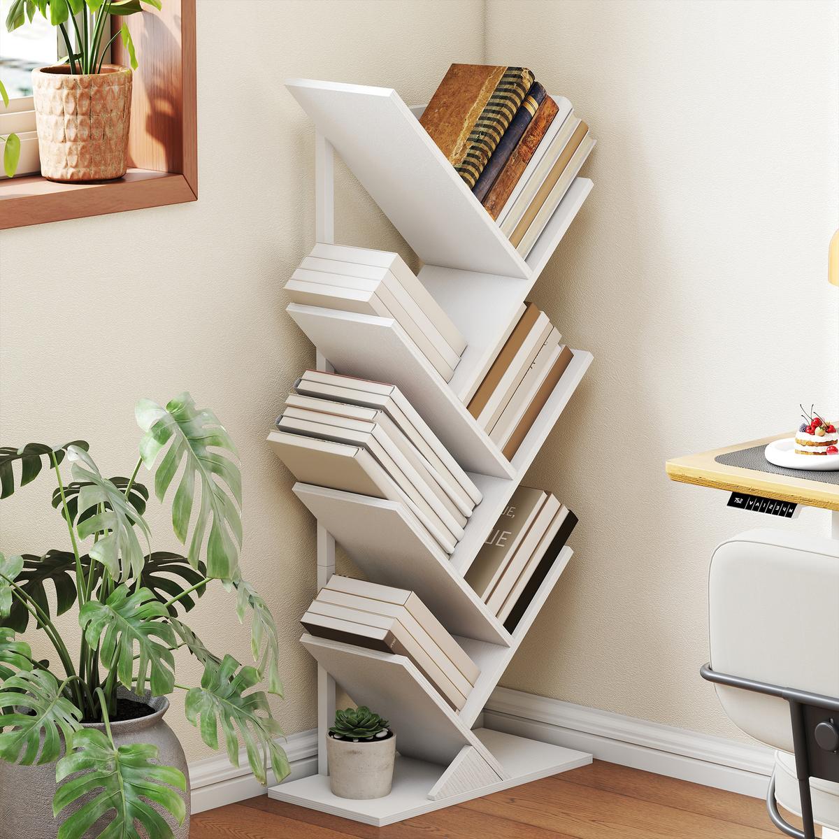 BÜCHERREGAL Standregal mit 7 Ebenen Schmal Regal im Baumform Weiß - Weiß, Holzwerkstoff/Metall (24/109/50cm) - HOMCOM