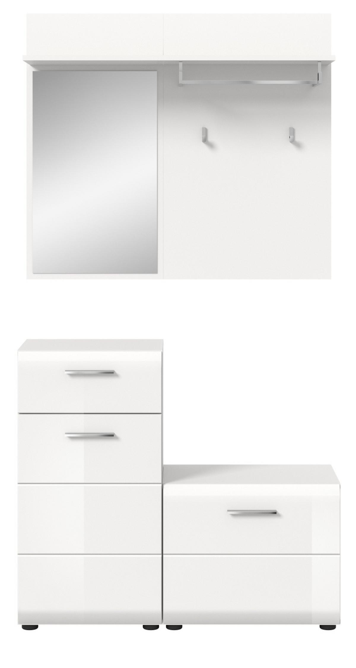 GARDEROBE Set 3-teilig weiß Hochglanz, Flurgarderobe kompakt, Komplett-Set Breite 98 cm - Weiß Hochglanz/Silberfarben, Holzwerkstoff/Kunststoff (98/190/191cm) - Inn.Furn