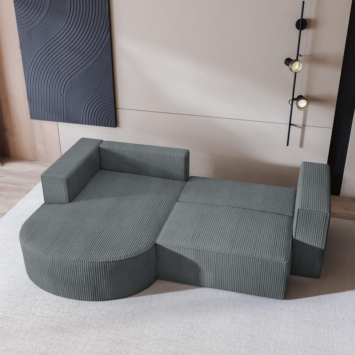 ECKSOFA SORELA P L-S Grau Kordstoff mit Schlaffunktion - Grau, Holz (263/174cm) - MASSENO