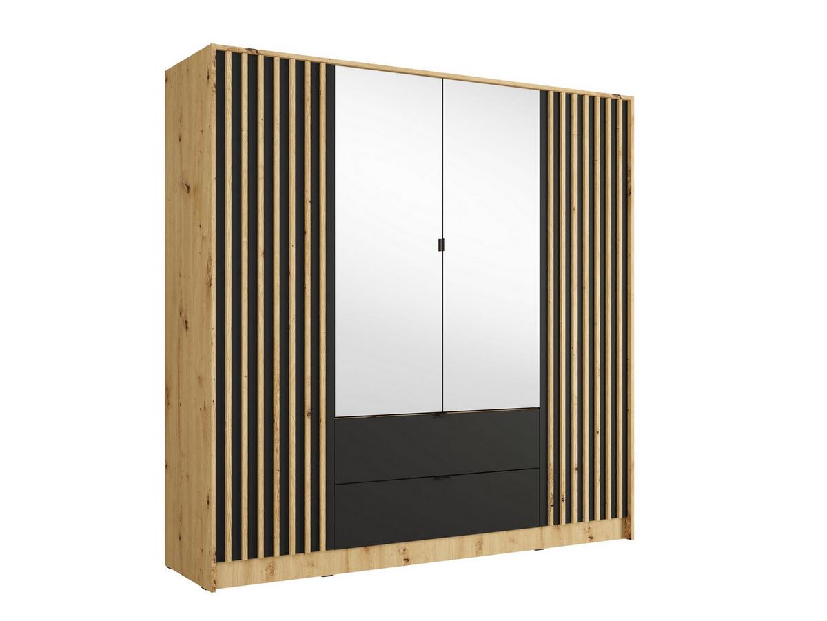 DREHTÜRENSCHRANK SATREN 200/200,5/54,5cm 4-türig mit Spiegel Eiche Artisan - Schwarz/Eiche Artisan, Holzwerkstoff (200/200.5/54.5cm) - MASSENO