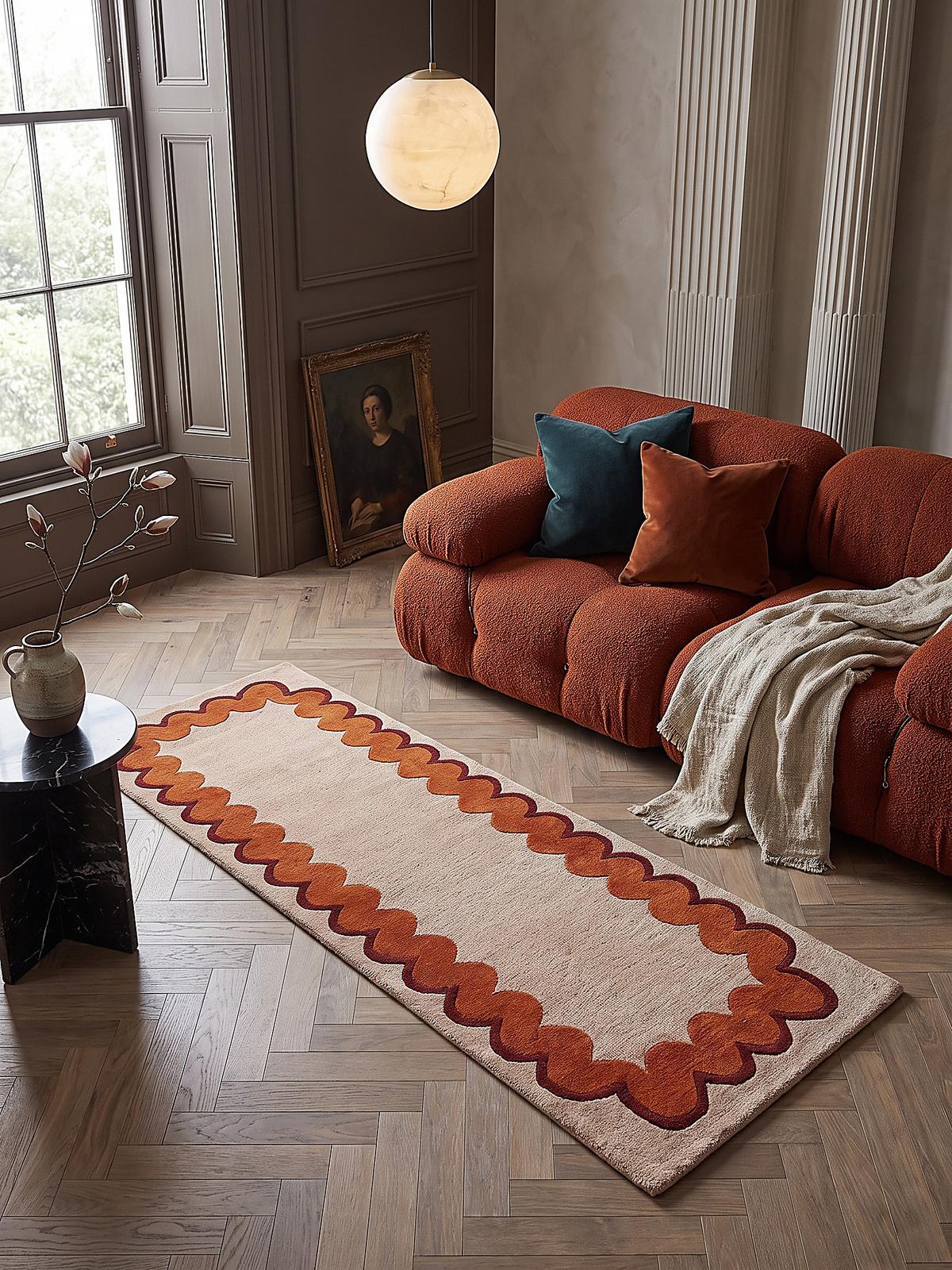 TEPPICHLÄUFER handgetuftet WAVENEY, Zickzack-Wellenbordüre, Orange, 80 x 230 cm - Orange, Textil (80/230cm) - KADIMA DESIGN