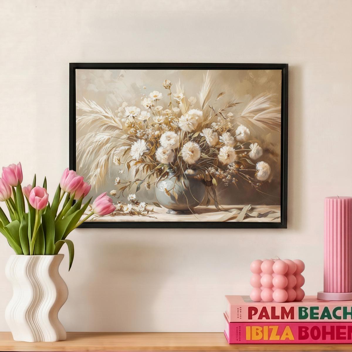 LEINWAND Bilder mit Rahmen - Blumen - Vase - Stilleben - Beige - 40x30 - Creme, Textil (40/30cm) - MuchoWow