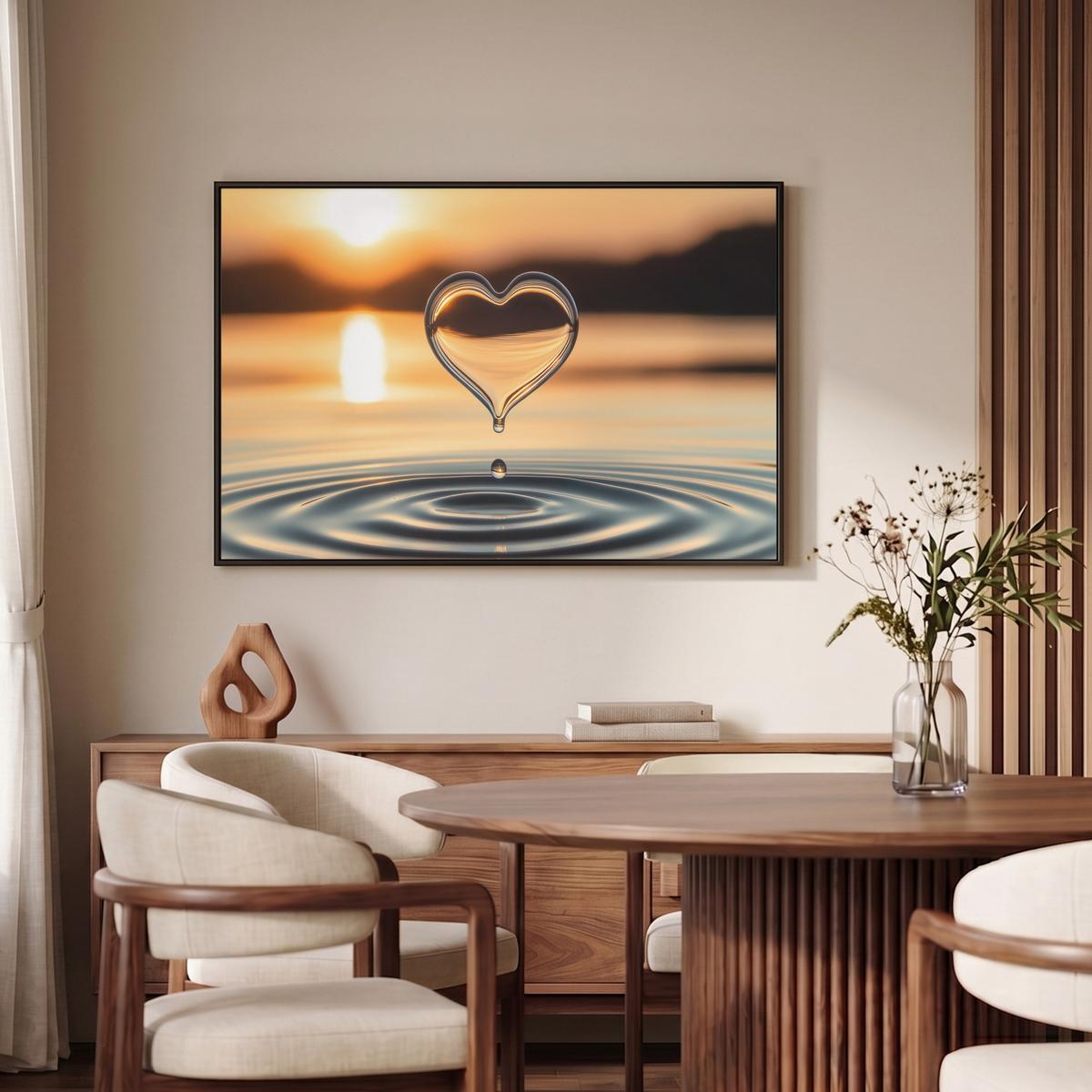 LEINWAND Bilder mit Rahmen - Herz - Wasser - Sonnenuntergang - Natur - Zen - 90x60 - Bernsteinfarben, Textil (90/60cm) - MuchoWow
