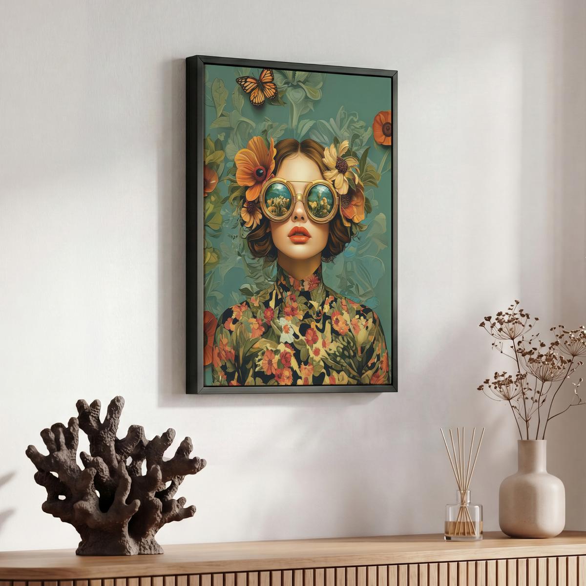 LEINWAND Bilder mit Rahmen - Frau - Blumen - Schmetterlinge - Natur - Vintage - 30x40 - Salbeigrün, Textil (30/40cm) - MuchoWow