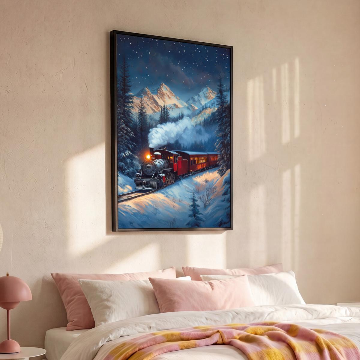 LEINWAND Bilder mit Rahmen - Zug - Weihnachten - Schnee - Weihnachtszug - 100x150 - Anthrazit, Textil (100/150cm) - MuchoWow