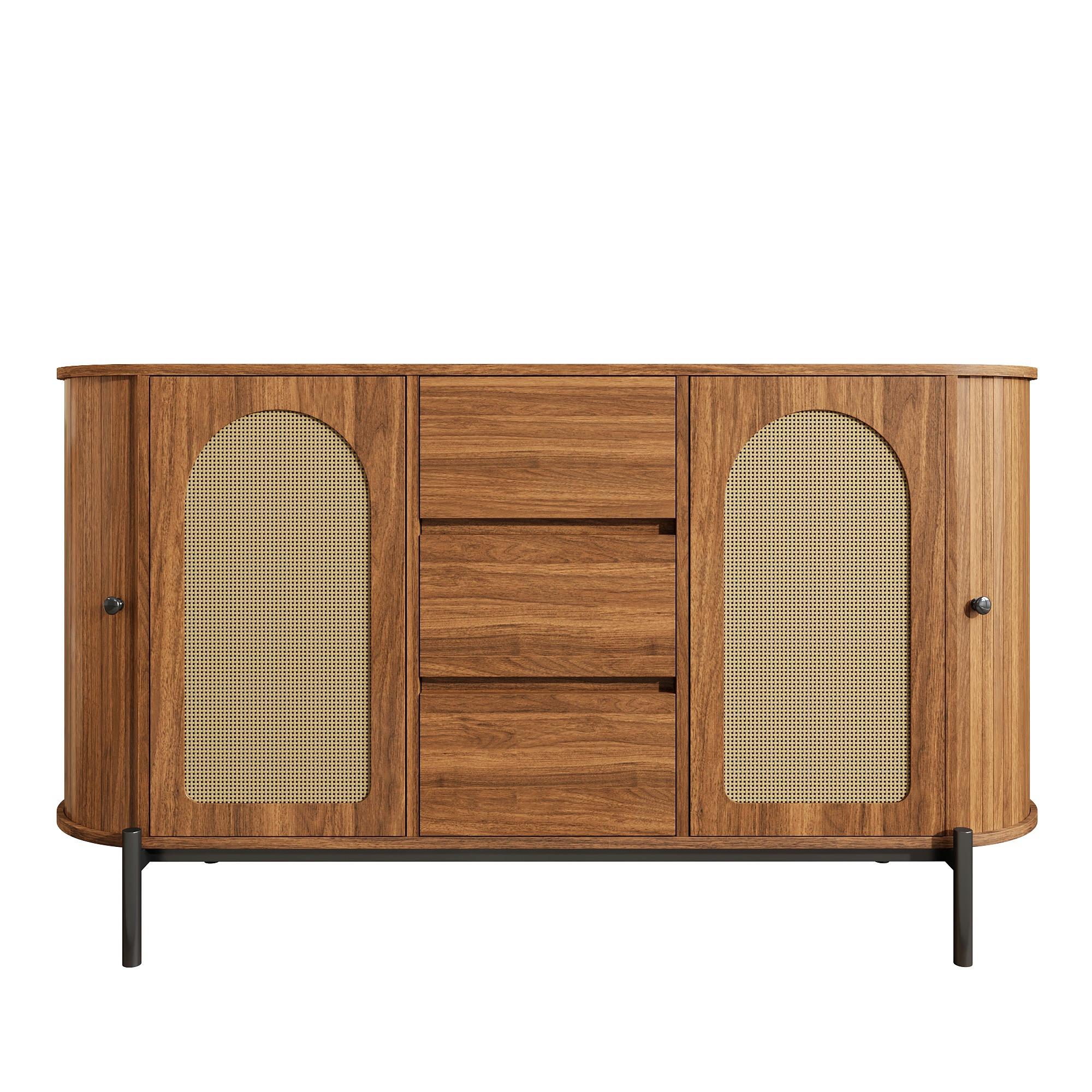 SIDEBOARD in Holzoptik mit Rattan, ovale Form und verstellbaren Fächern - Walnussfarben, Holzwerkstoff (140/77.5/38cm) - Urban Meuble