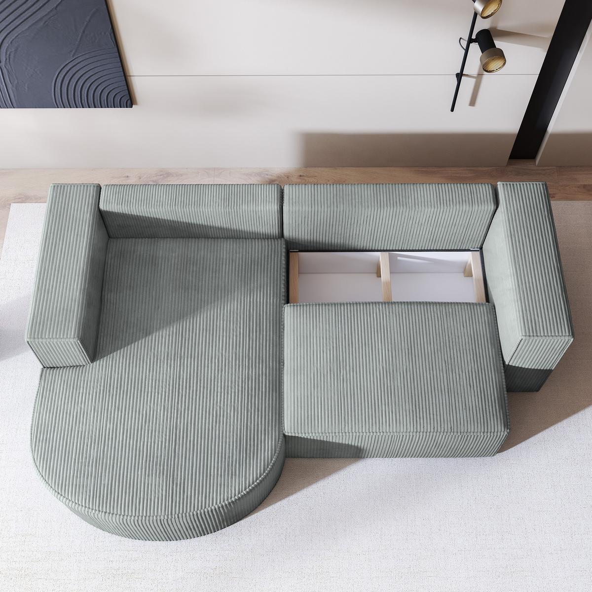 ECKSOFA SORELA P L-S Hellgrau Kordstoff mit Schlaffunktion - Hellgrau, Holz (263/174cm) - MASSENO