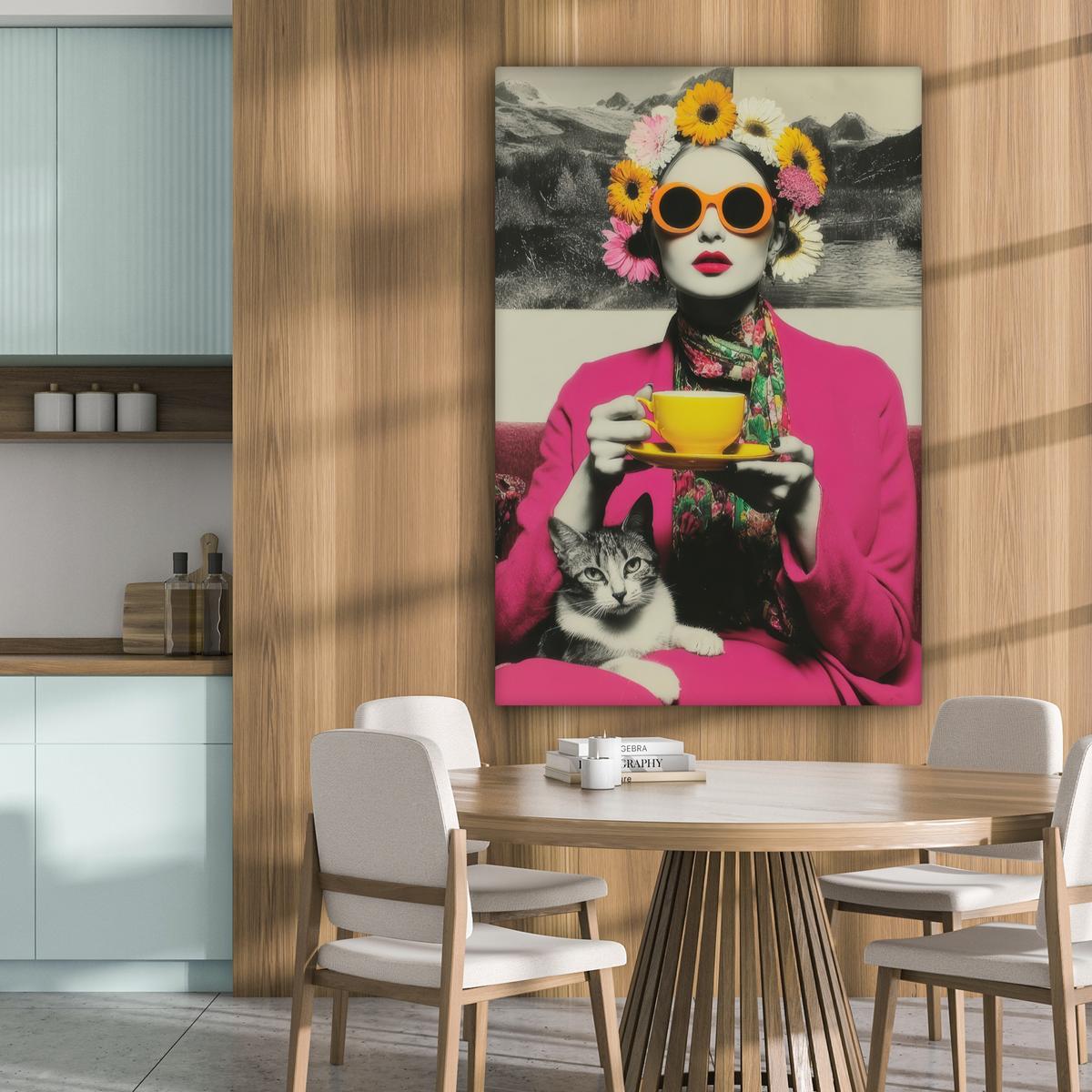 LEINWANDBILD Frau - Katze - Blumen - Tasse - Retro Deko XXL 80x120 cm - Magenta, Textil (80/120cm) - MuchoWow
