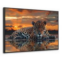 LEINWAND Bilder mit Rahmen - Natur - Leopard - Tier - Sonnenuntergang - Modern - 120x80 - Orange, Textil (120/80cm) - MuchoWow