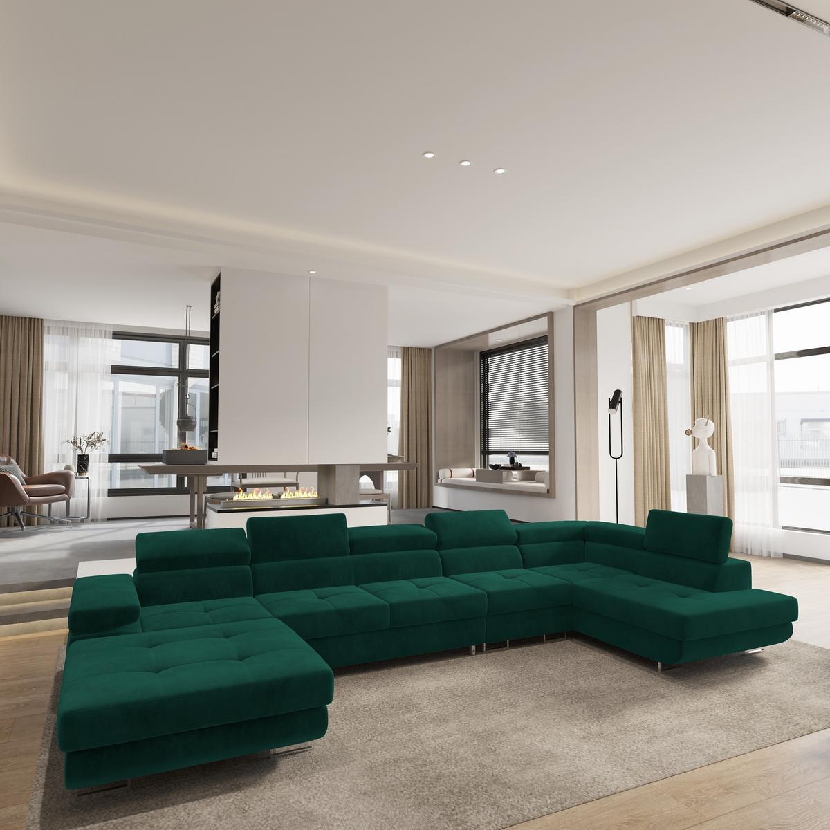 WOHNLANDSCHAFT VELORA R-S Grün Velours-Stoff mit Schlaffunktion - Grün, Holz (419/90/202cm) - MASSENO