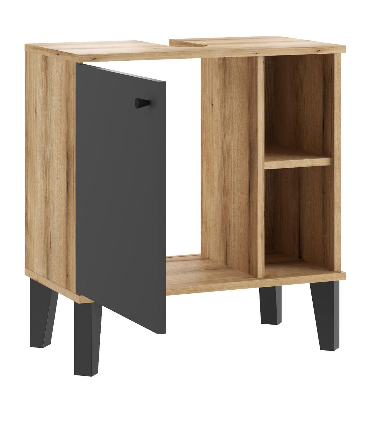 WASCHBECKENUNTERSCHRANK grau, Evoke Eiche, Badezimmer Unterschrank, 60 cm - Eichefarben/Schwarz, Holzwerkstoff/Kunststoff (60/65/33cm) - Furn.Design