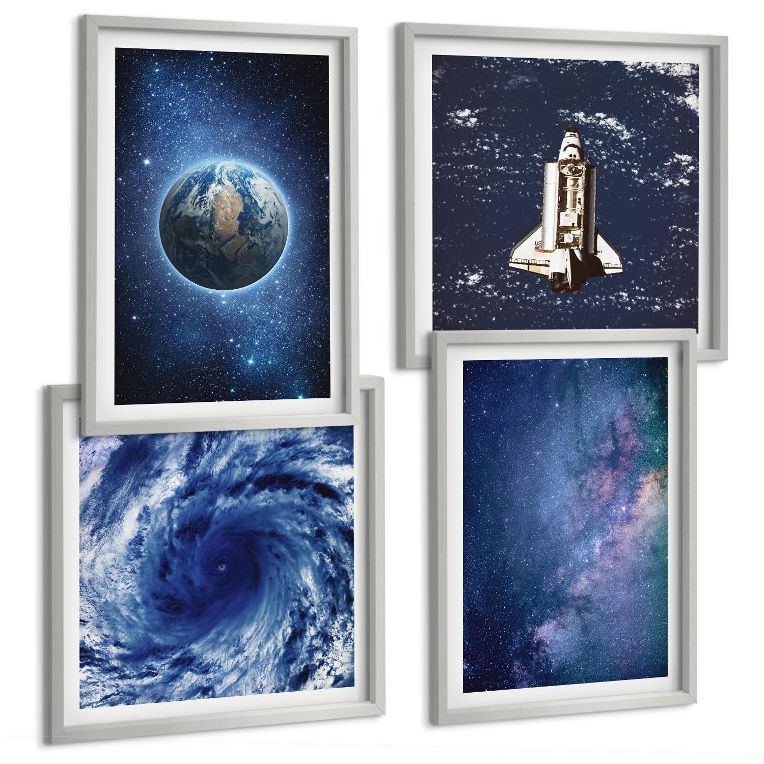BILDER SET 4er Set - 50x50 cm & 40x60 cm Silberner Rahmen - Erde Weltraumsturm Galaxie - Silberfarben, Kunststoff (50/50cm) - TULUP