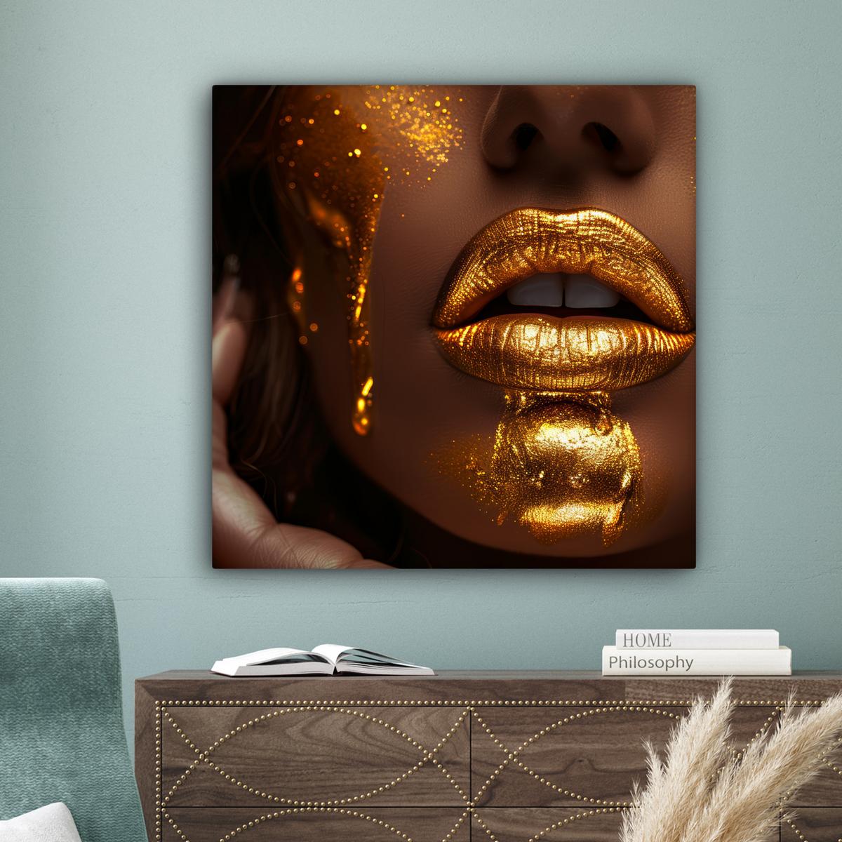 LEINWANDBILD Frau - Gold - Luxus - Porträt Deko Groß 90x90 cm - Goldfarben, Textil (90/90cm) - MuchoWow
