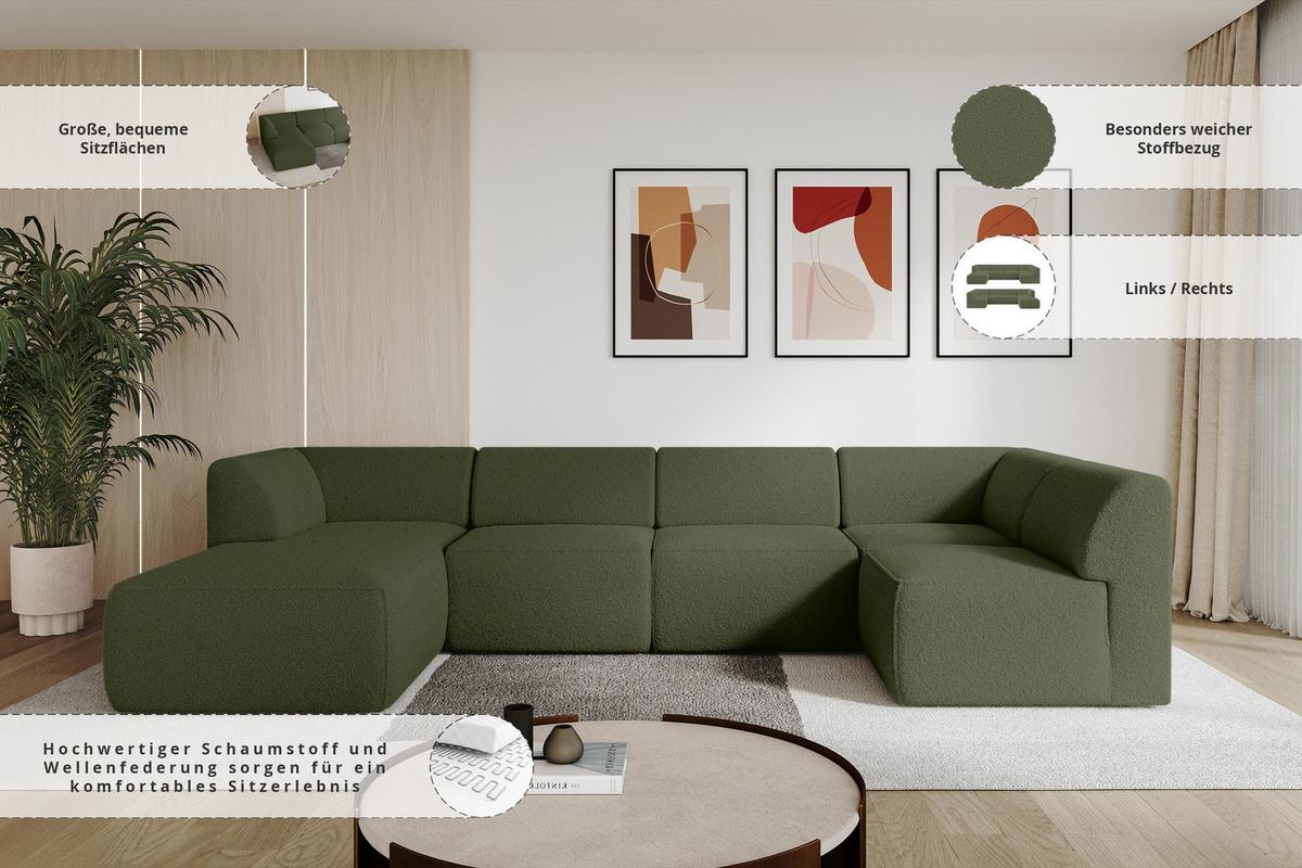 WOHNLANDSCHAFT Ottomane Links MOVO-L 345x180x78 cm Grün Bouclé - Dunkelgrün, Holzwerkstoff/Kunststoff (345/78/180cm) - ALTDECOR