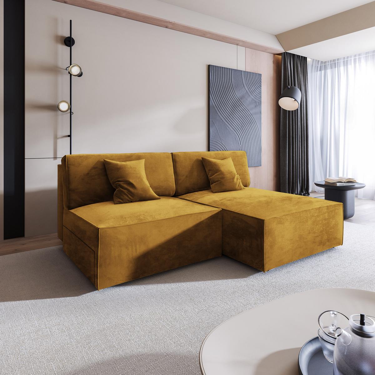 ECKSOFA FIORO M Gelb Velours-Stoff mit Schlaffunktion - Gelb/Grau, Holz/Kunststoff (204/148cm) - MASSENO
