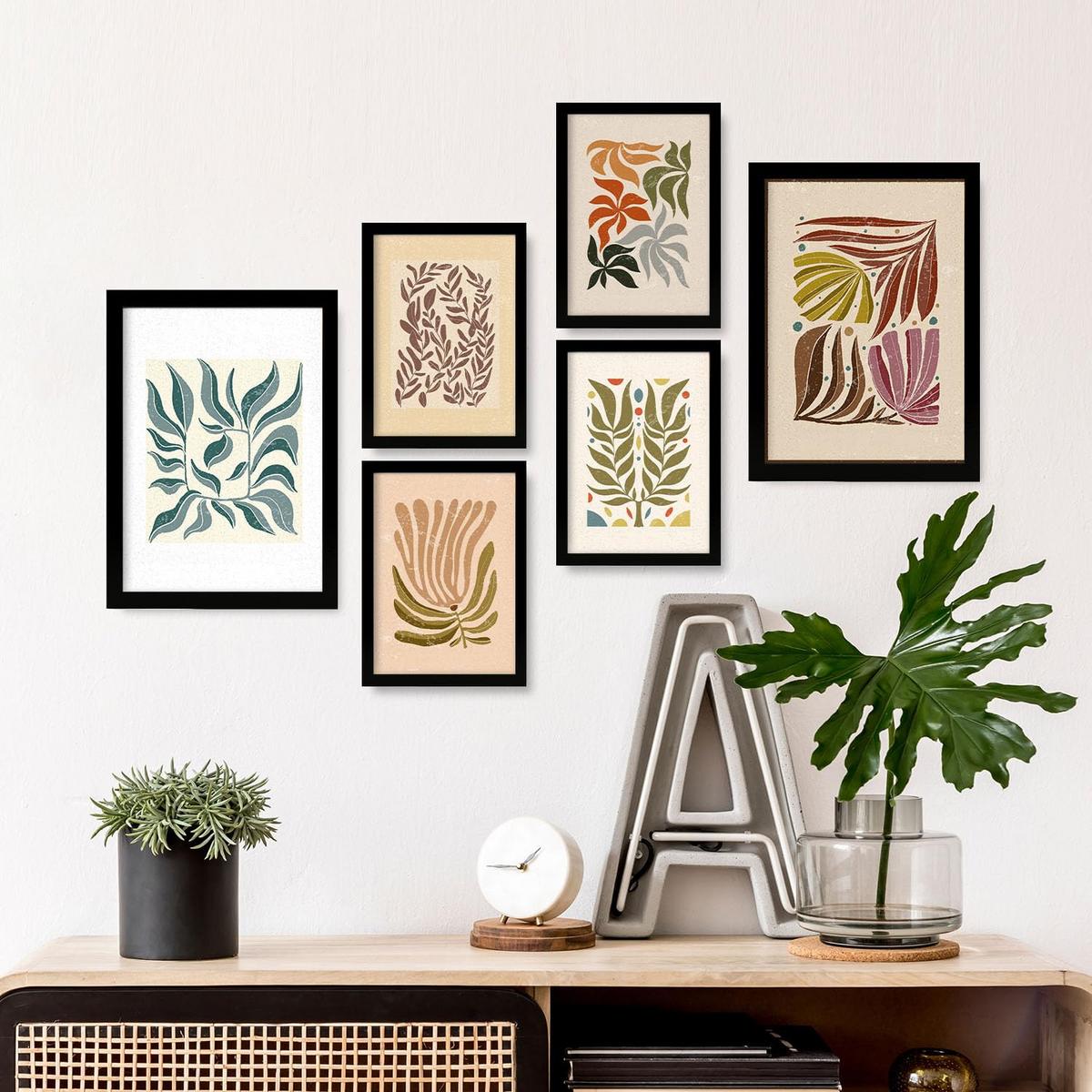 POSTER Set Mit 6 Drucken Von Blättern In Der Sammlung Ethnischer Ästhetische Dekorative Rahmen Für Ihr Zuhause Wandkunstdruck A3 & A4 Schwarzer Rahmen - Schwarz, Papier (29/3cm) - Nacnic