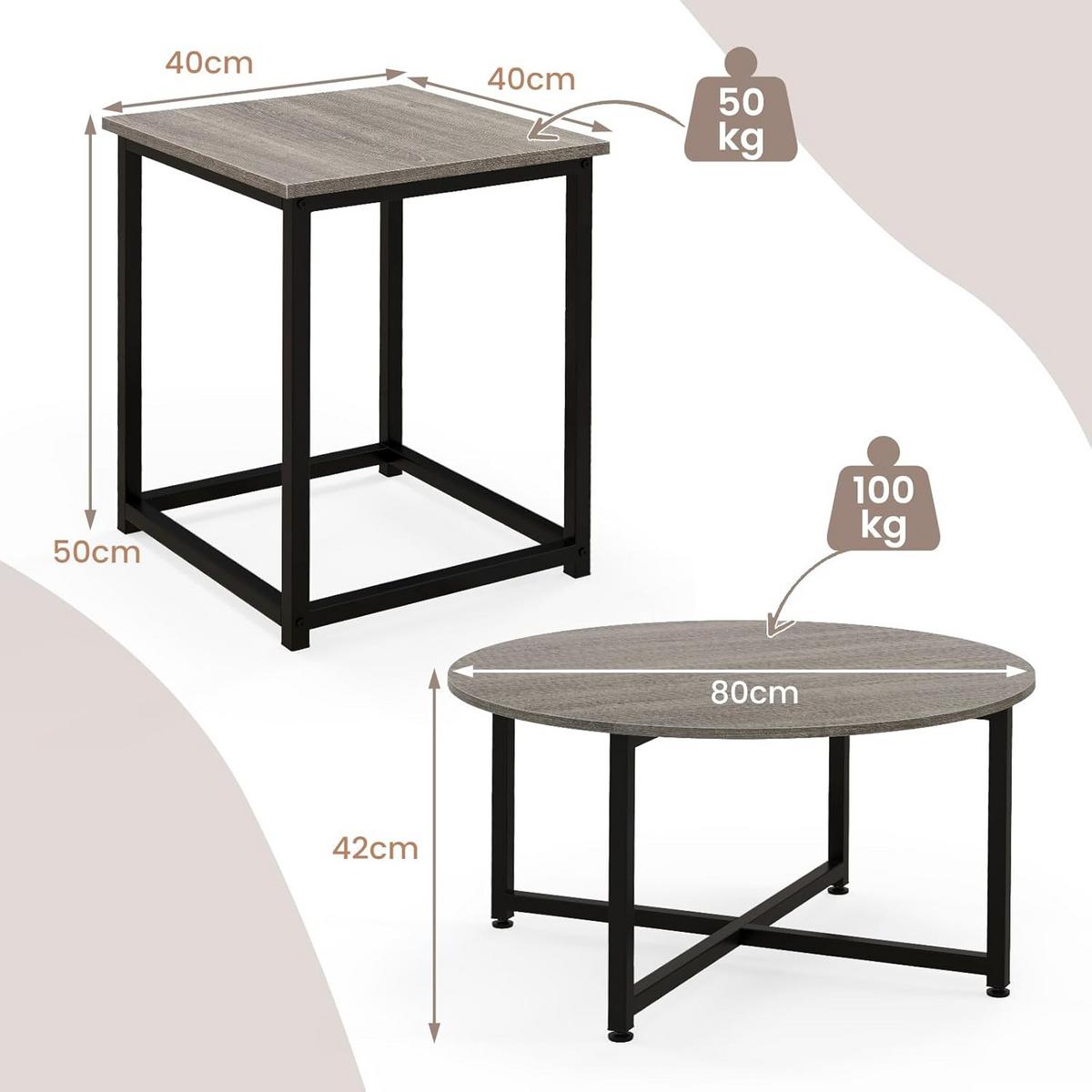 BEISTELLTISCH Grau(3-teilig) - Grau, Holzwerkstoff (80/80/42cm) - COSTWAY