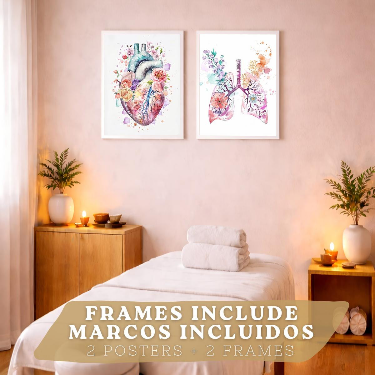 POSTER Set aus 2 Anatomie Mensch Drucke und Wandbilder mit Herz und Atmungssystem Floraler Stil Medizinische Wanddekoration Größe Weißer Rahmen A4 - Weiß, Papier (21/29.7/3cm) - Nacnic