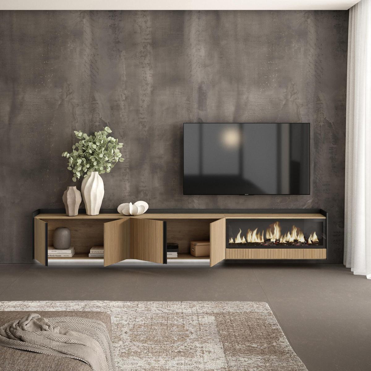 LOWBOARD, Eiche und Schwarz, 315/35/50cm, Elektrokamin XXL, Hängend, Led - Eichefarben, Holzwerkstoff (315/50/35cm) - Skraut Home