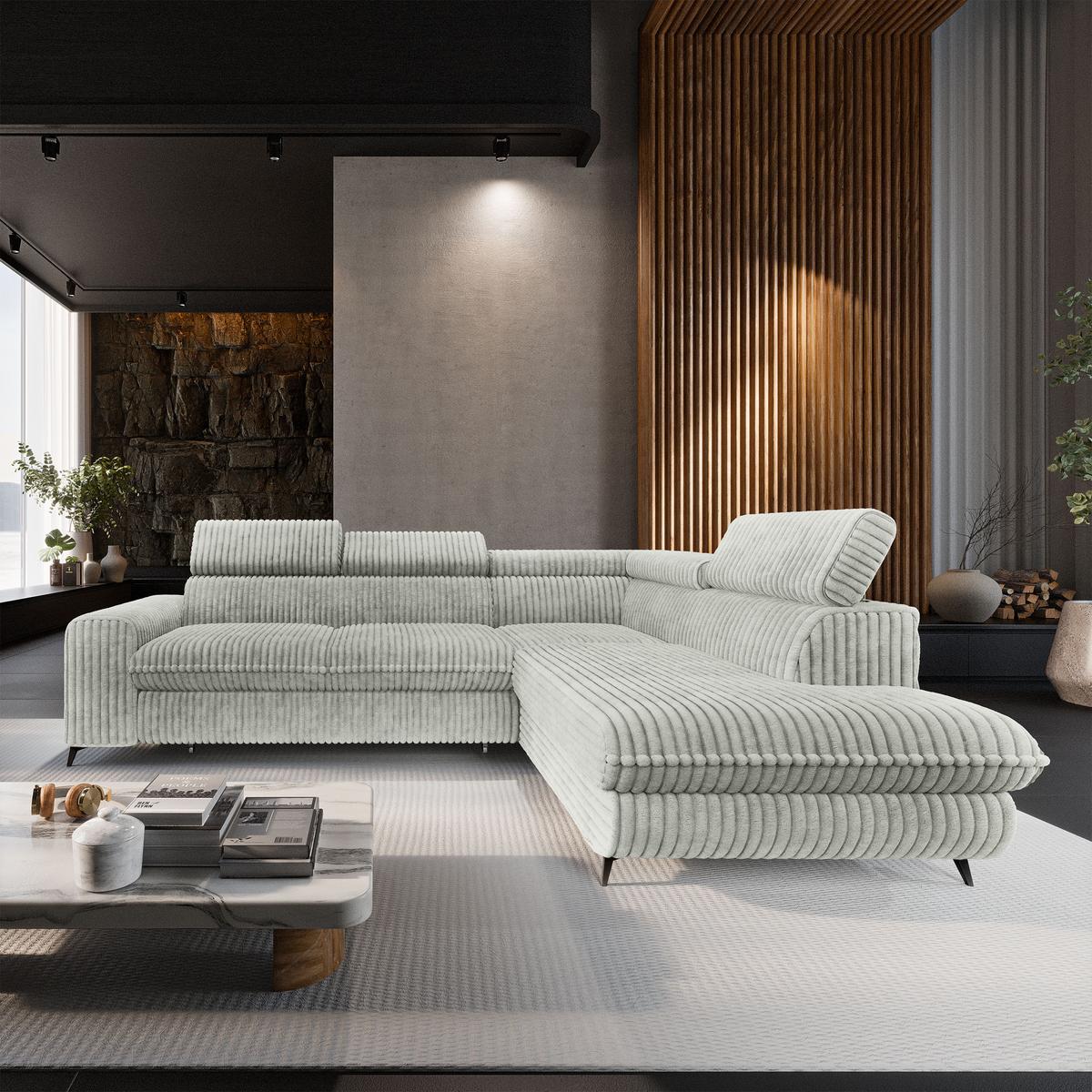 ECKSOFA VELISS Hellgrau Kordstoff mit Schlaffunktion - Hellgrau, Holz (255/193cm) - MASSENO