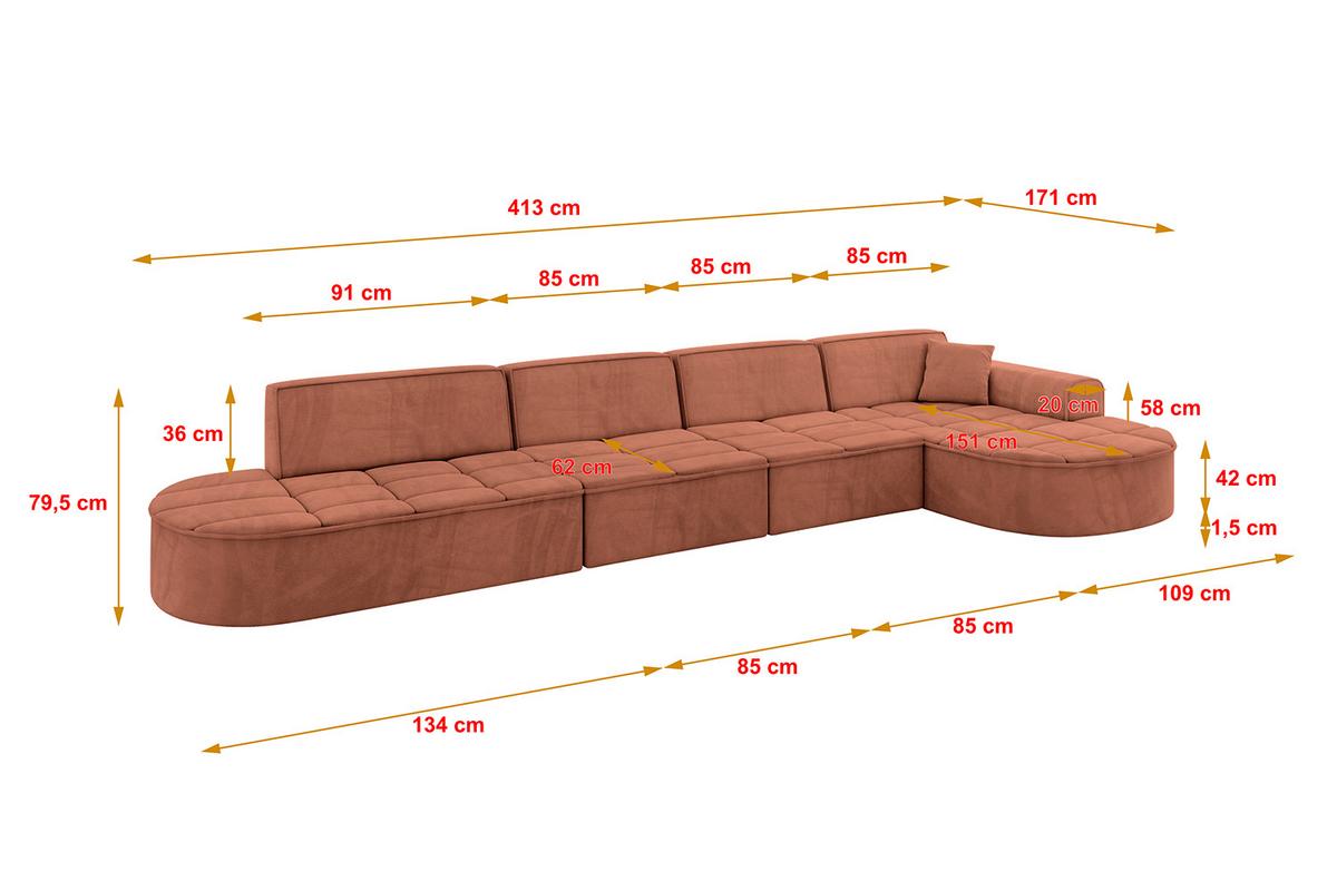 ECKSOFA Ottomane Rechts TARO-L3 - 413x171x79,5 cm Apricot - Koralle, Holzwerkstoff/Textil (413/171cm) - ALTDECOR