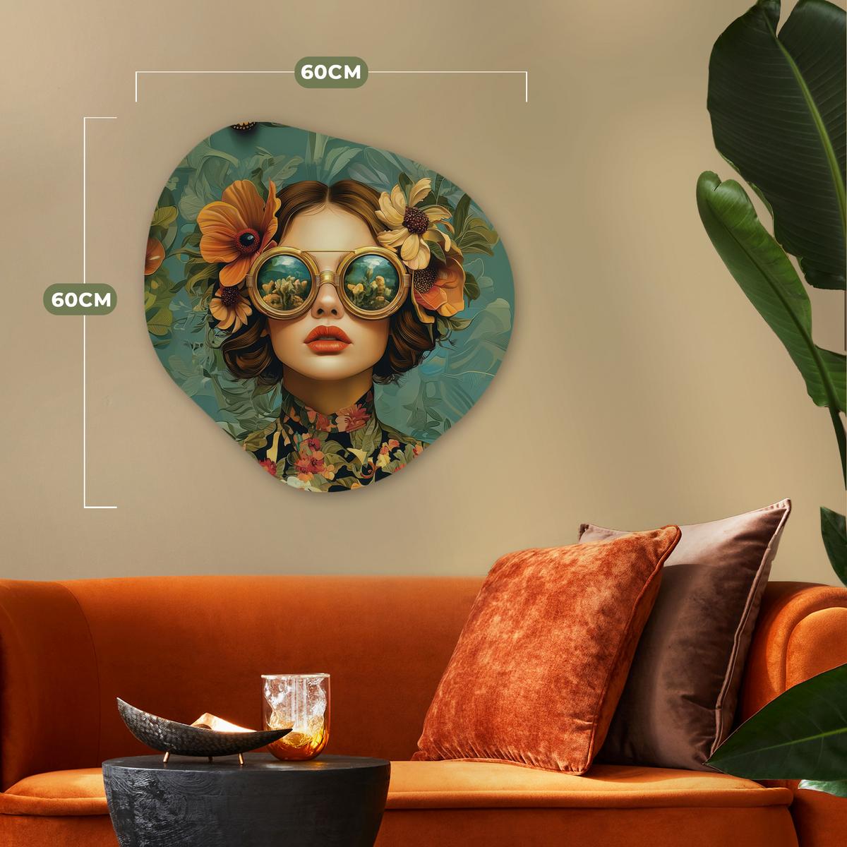 WANDBILD Frau - Blumen - Schmetterlinge - Natur - Vintage Wandbild 60x60 cm - Petrol, Kunststoff (60/60cm) - MuchoWow