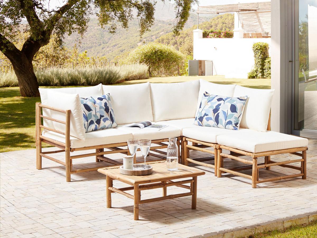 LOUNGE SET 5-Sitzer Bambusholz hellbraun 3-teilig Auflagen cremeweiß Cerreto - Creme, Holz - Beliani