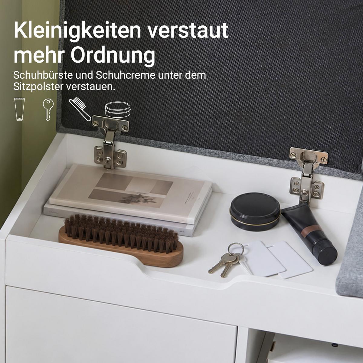 SCHUHBANK Weiß, , 100 cm breit, 2 Türen mit verstellbaren Einlegeböden, offenes Mittelfach, Sitzpolster in Grau - Weiß, Holzwerkstoff (100/48/34cm) - SoBuy