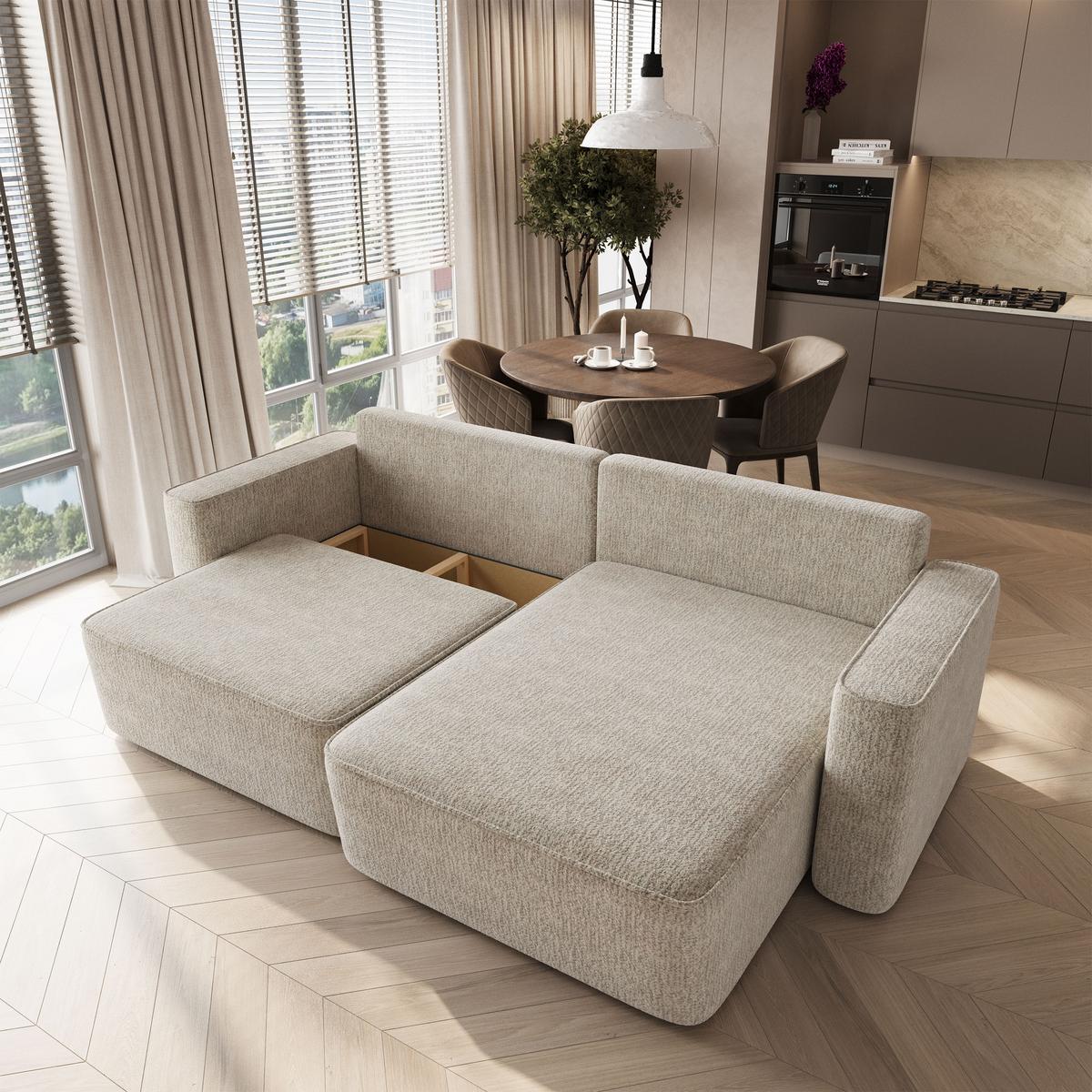 ECKSOFA BELISE BL Creme Chenille mit Schlaffunktion - Creme, Holz/Textil (252/162cm) - MASSENO