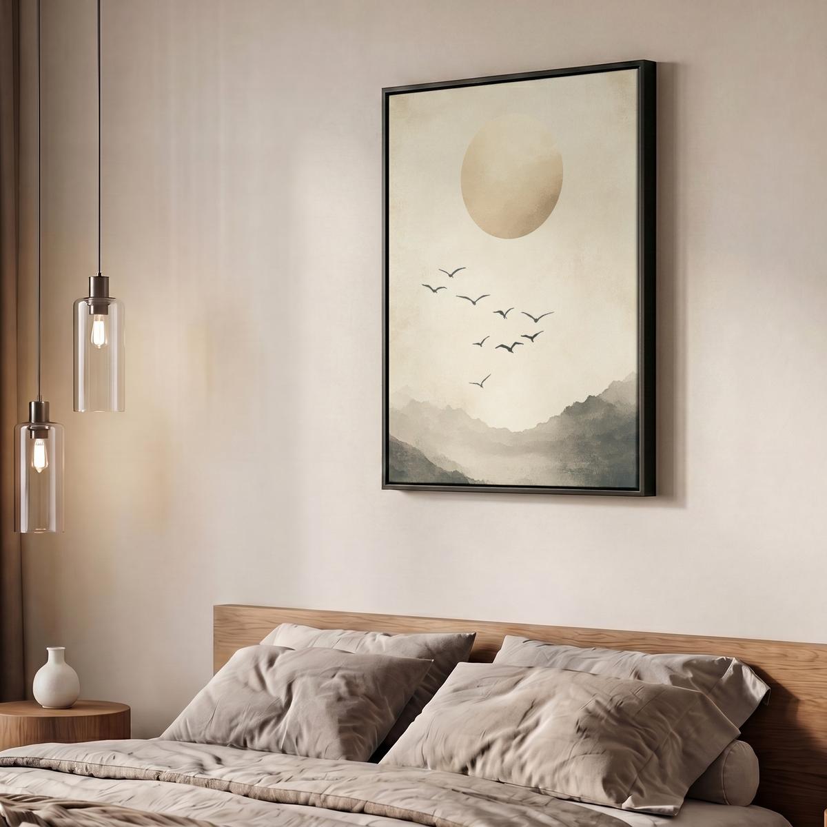 LEINWAND Bilder mit Rahmen - Landschaft - Japandi - Vogel - 60x80 - Beige, Textil (60/80cm) - MuchoWow
