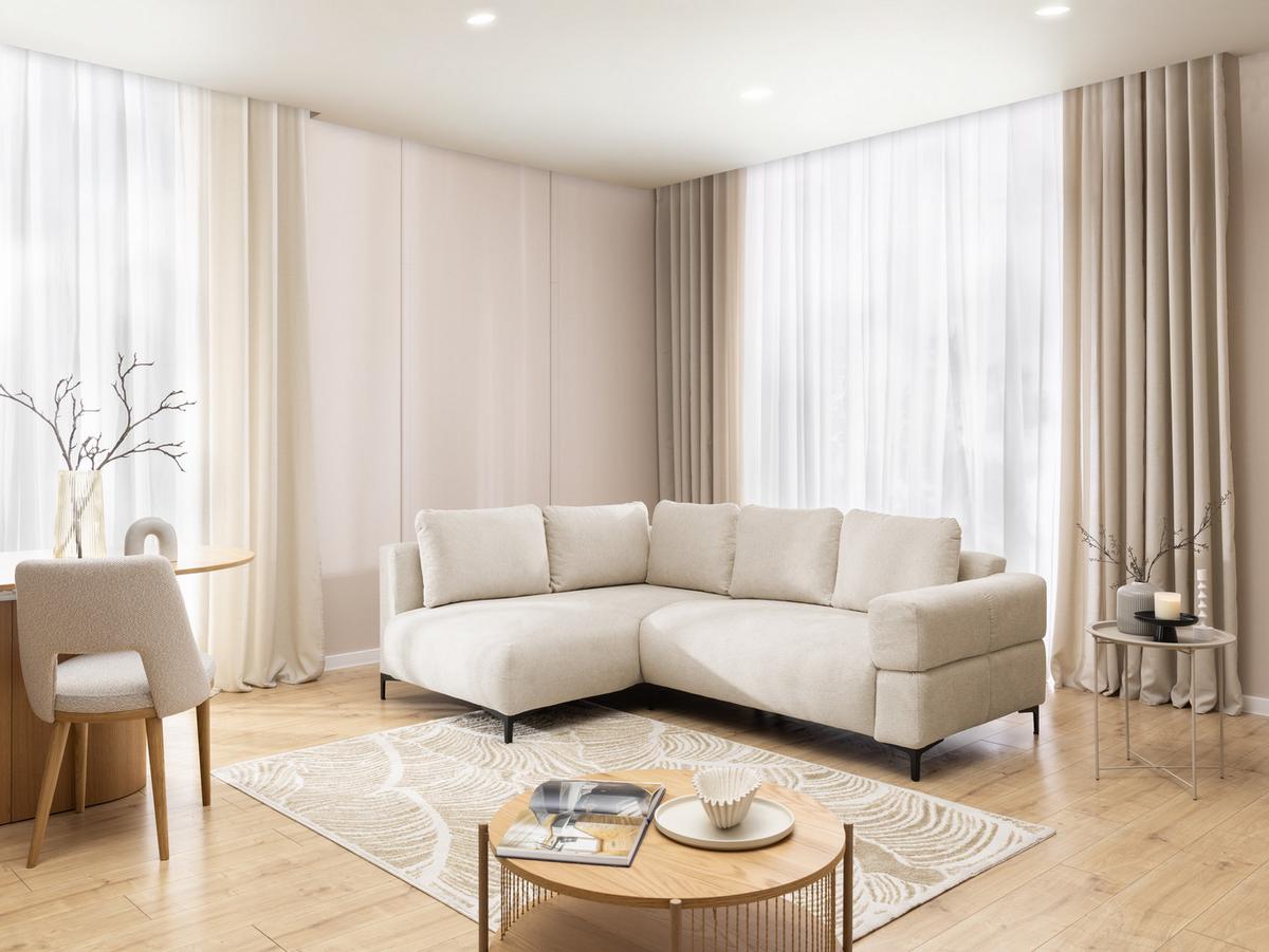 ECKSOFA Cardea in Bubble-Optik aus weichem Hellbeige Strukturstoff mit hohem Sitzkomfort - Ottomane links - Beige/Schwarz, Holz/Textil (170/230cm) - S-Style