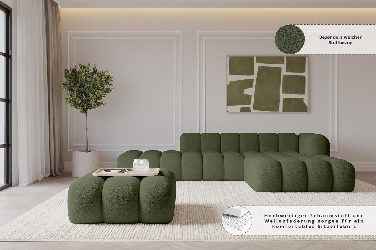 POUF OLEA-PUF 91x87x44 cm Grün Bouclé Modular Sitzhocker - Schwarz/Olivgrün, Holzwerkstoff/Kunststoff (91/44/87cm) - ALTDECOR