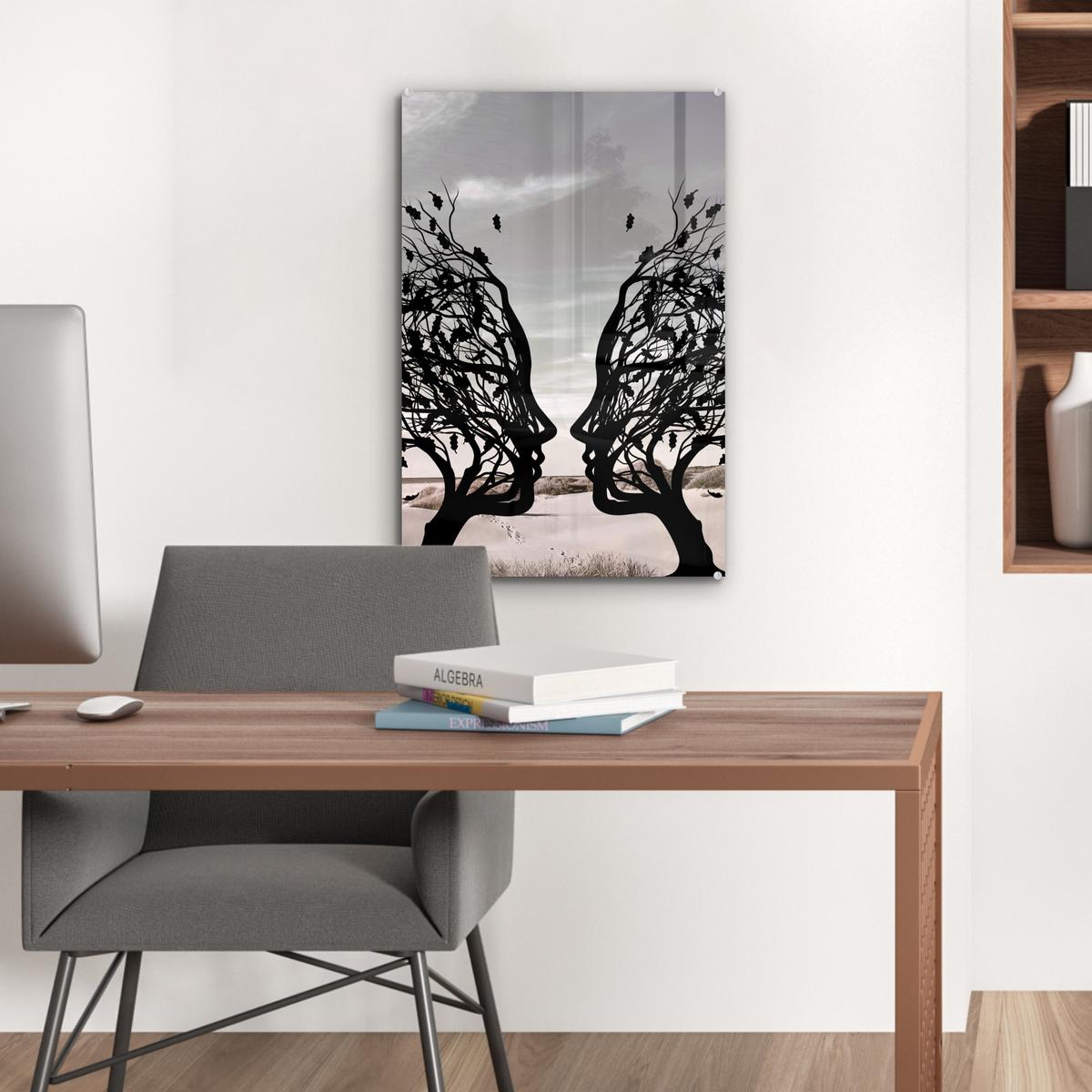 ACRYLGLASBILD Strand - Meer - Menschen - Baum - Moderne Kunst Wanddeko Wohnzimmer 40x60 cm - Hellgrau, Glas (40/60cm) - MuchoWow