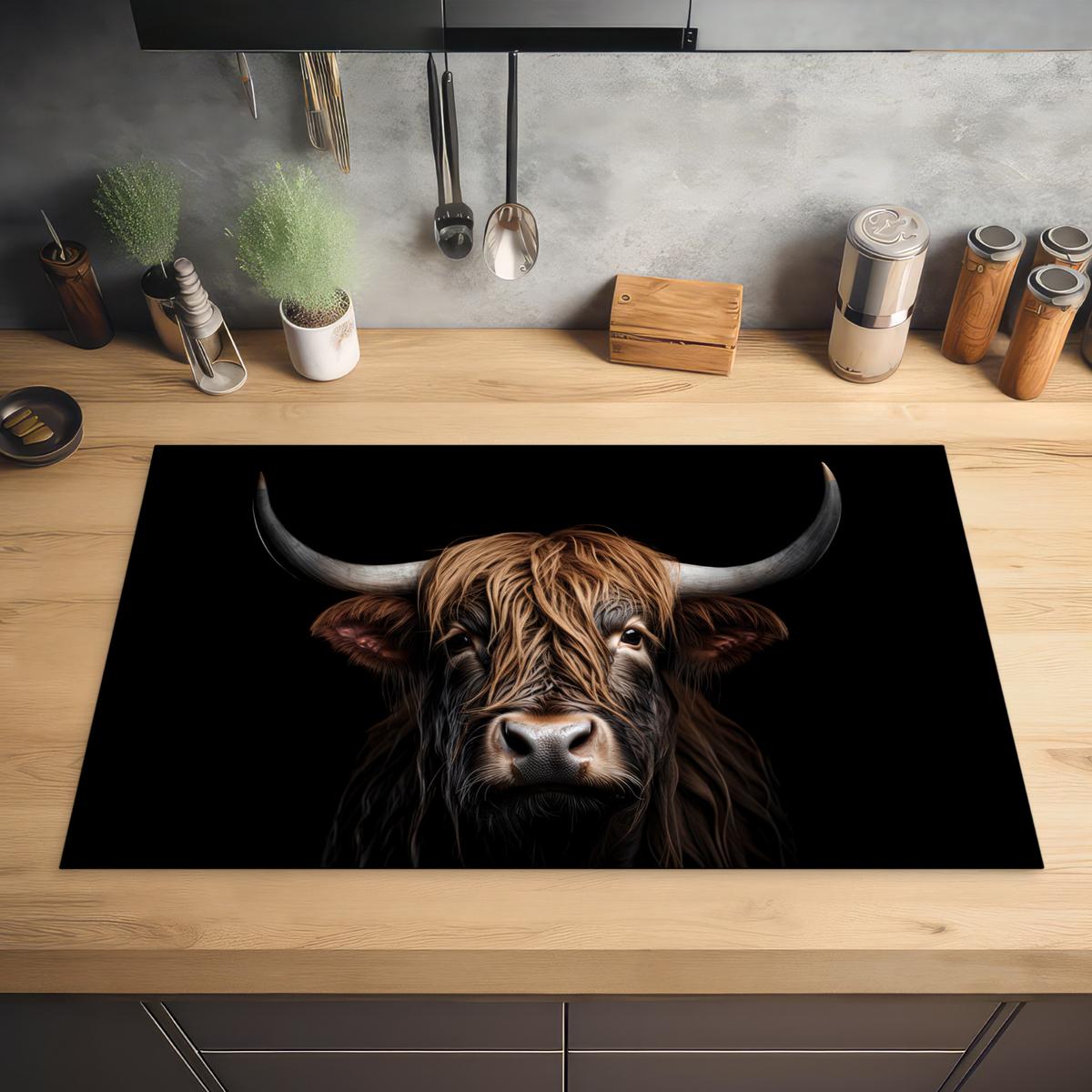 HERDABDECKPLATTE Schottischer Highlander - Porträt - Schwarz - Tier Ceranfeldabdeckung 85x52 cm - Braun, Kunststoff (85/52/0.2cm) - MuchoWow