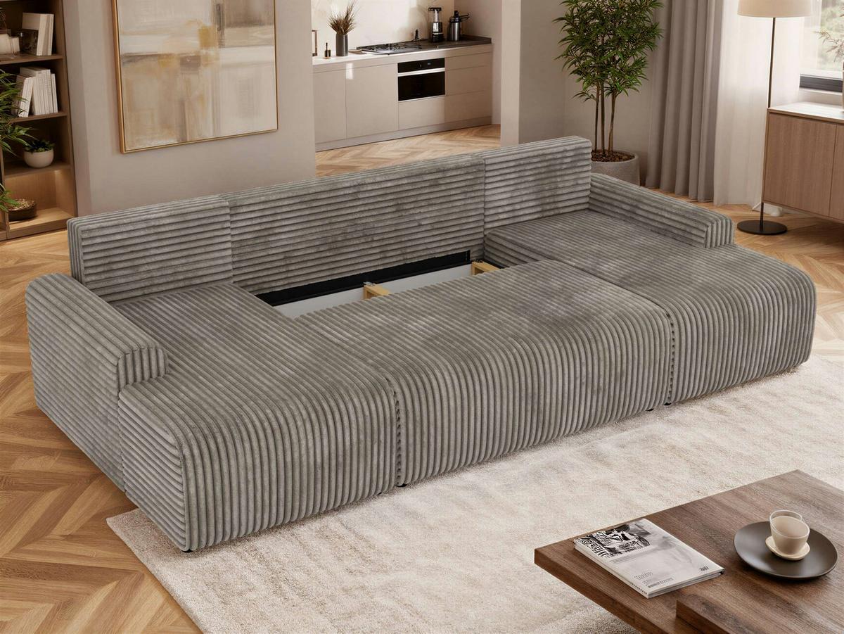 WOHNLANDSCHAFT NESSARO U Hellbraun Cord - Hellbraun/Schwarz, Kunststoff/Textil (312/92/151cm) - MKS