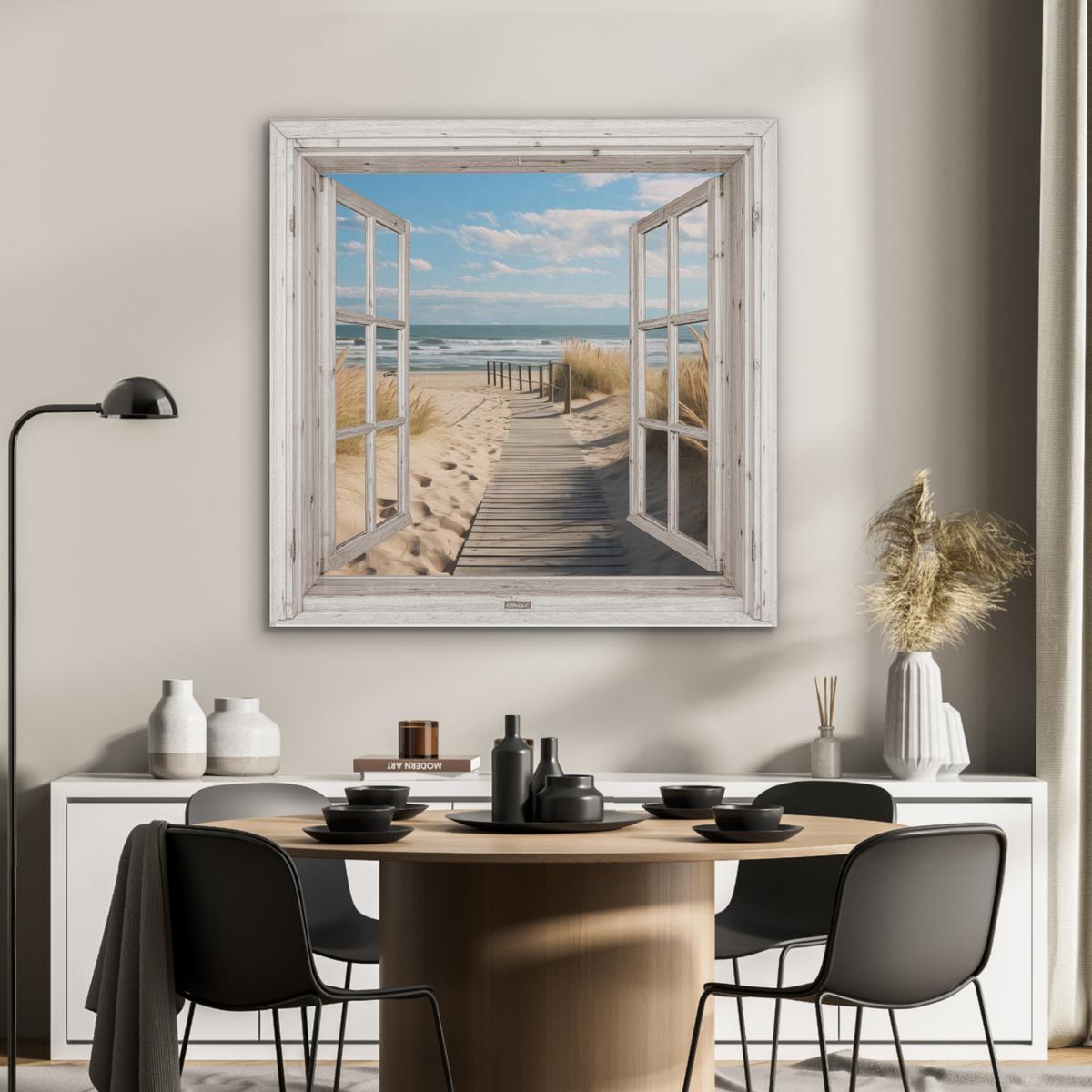 AKUSTIKBILD Fenster - Meer - Küste - Natur - Ausblick - Strand - Wattenmeer Akustikpaneele 90x90 cm - Beige, Kunststoff (90/90/0.9cm) - MuchoWow