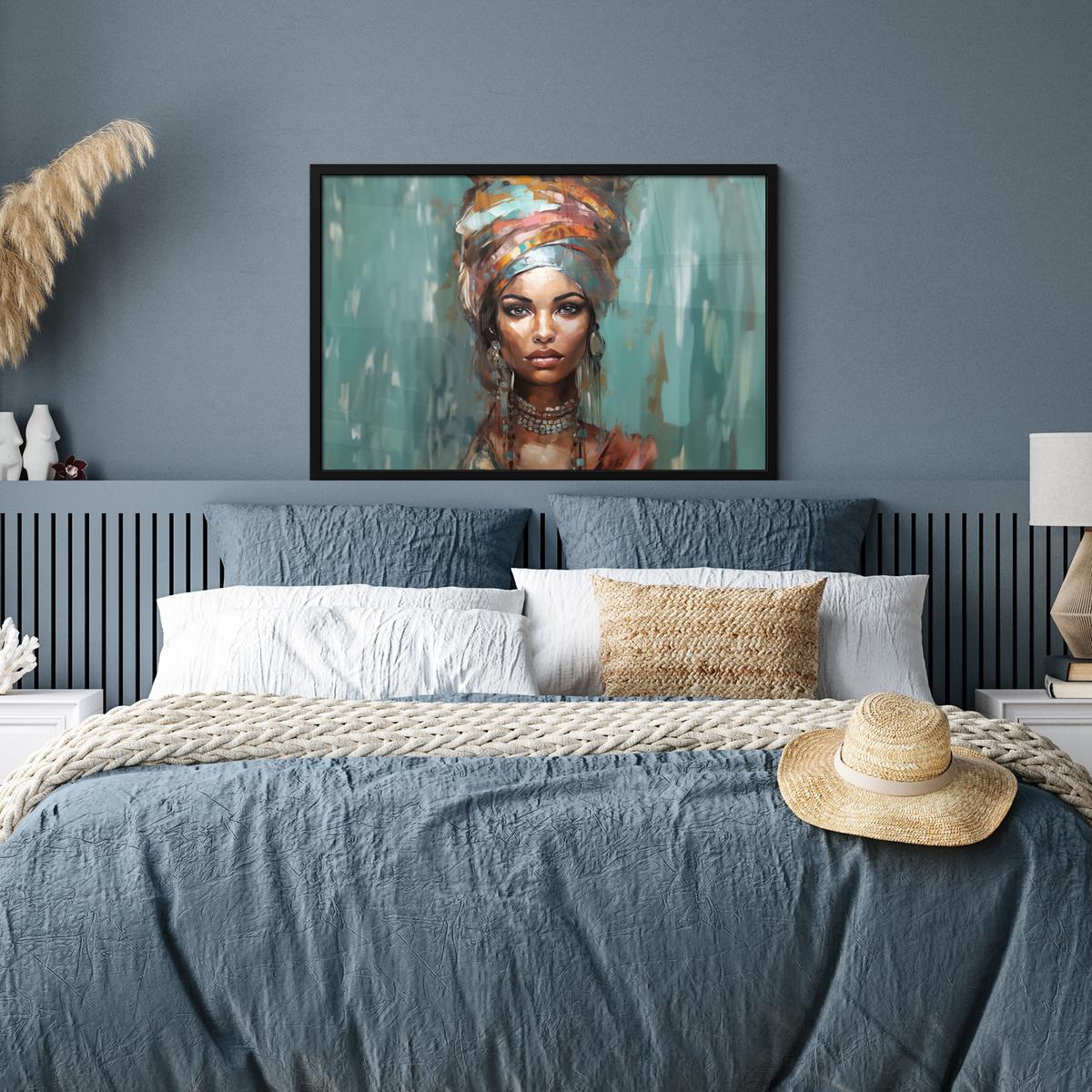 POSTER MIT RAHMENGERAHMTES BILD Frau - Kunst - Schmuck - Porträt 90x60 cm - Blaugrau, Papier (90/60cm) - MuchoWow